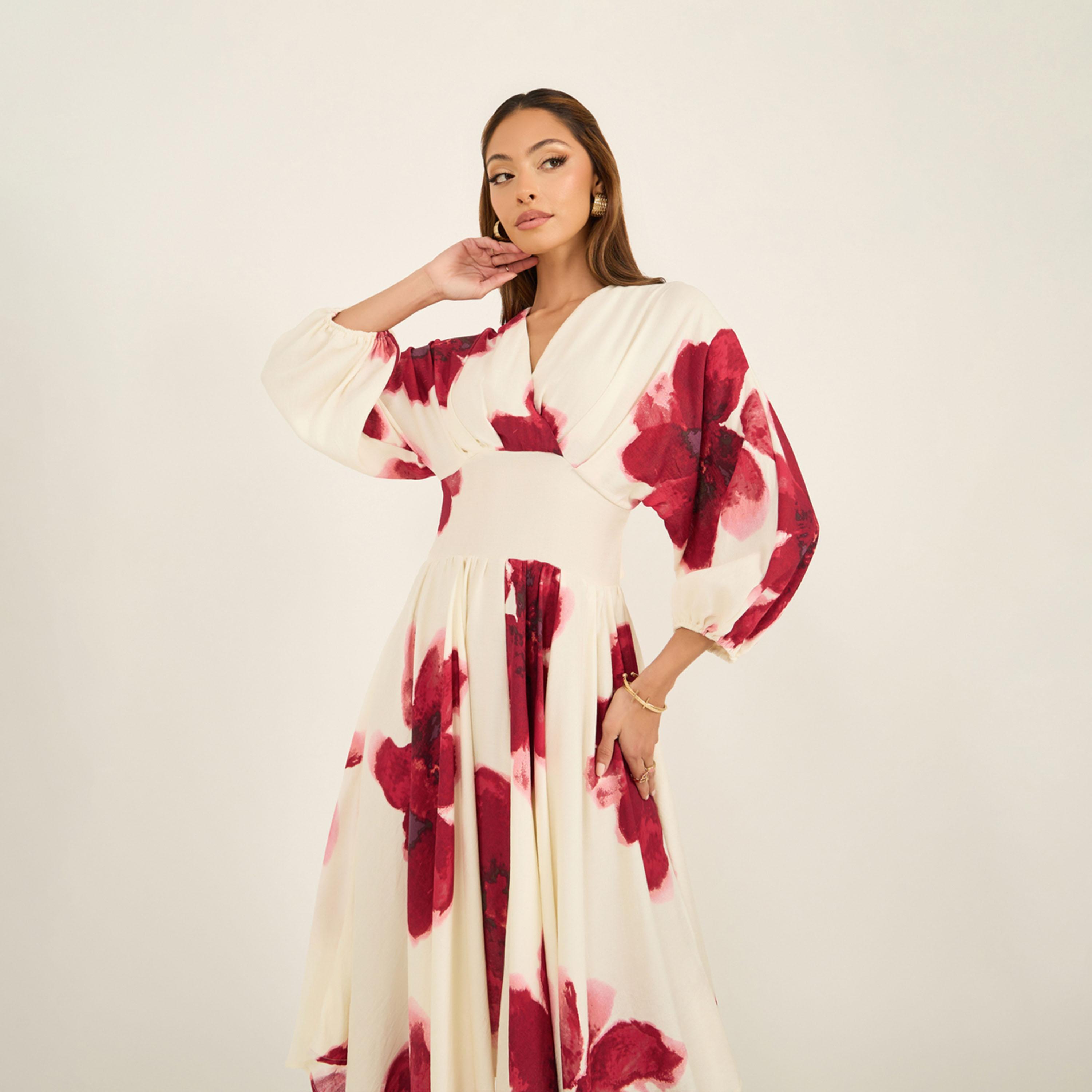 ستايلي - فستان ميدي بقصة A ورقبة على شكل V-women-clothing-dresses-image-4