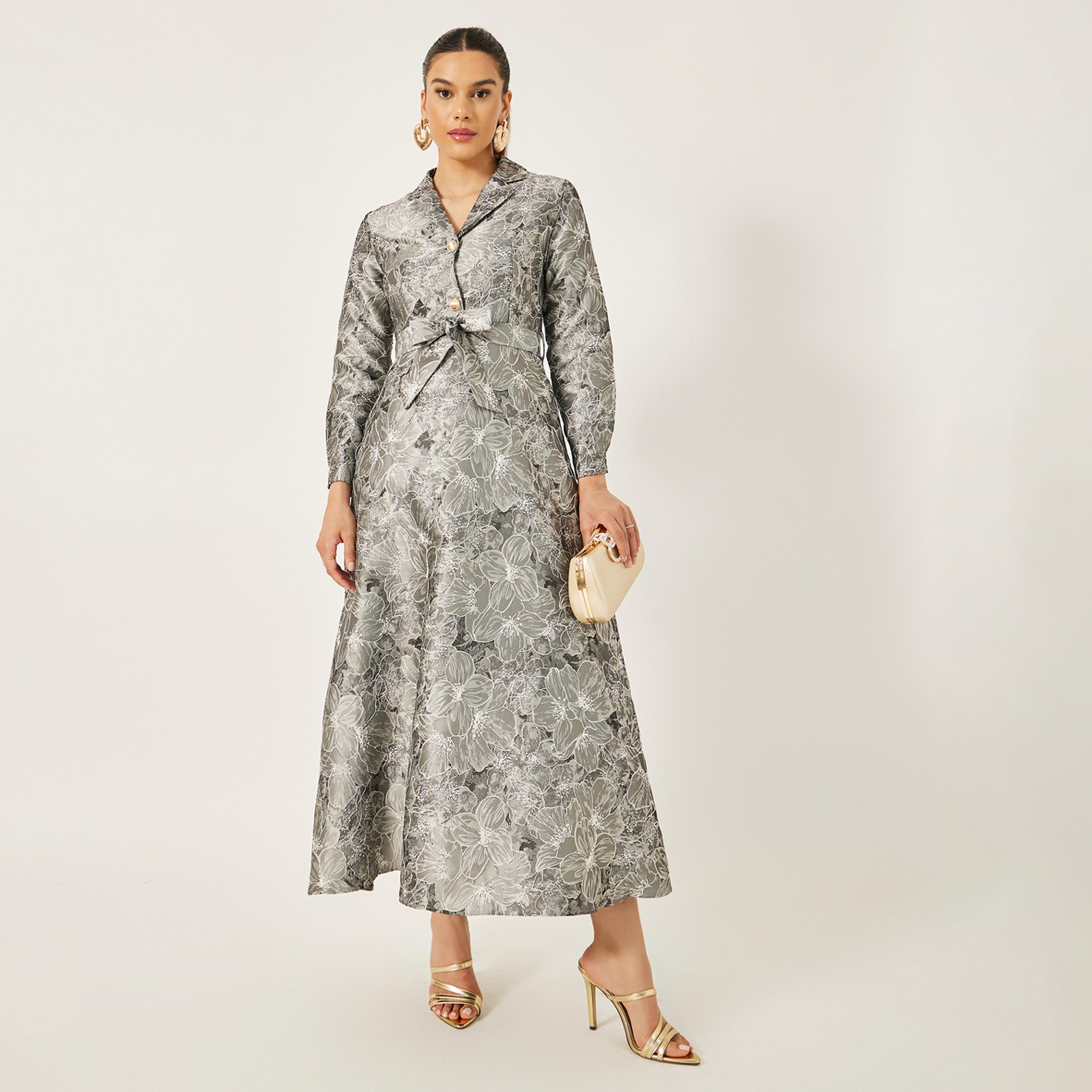 Styli Jacquard Collared Long Sleeves A-Line Maxi Dress-women-clothing-dresses-image-1