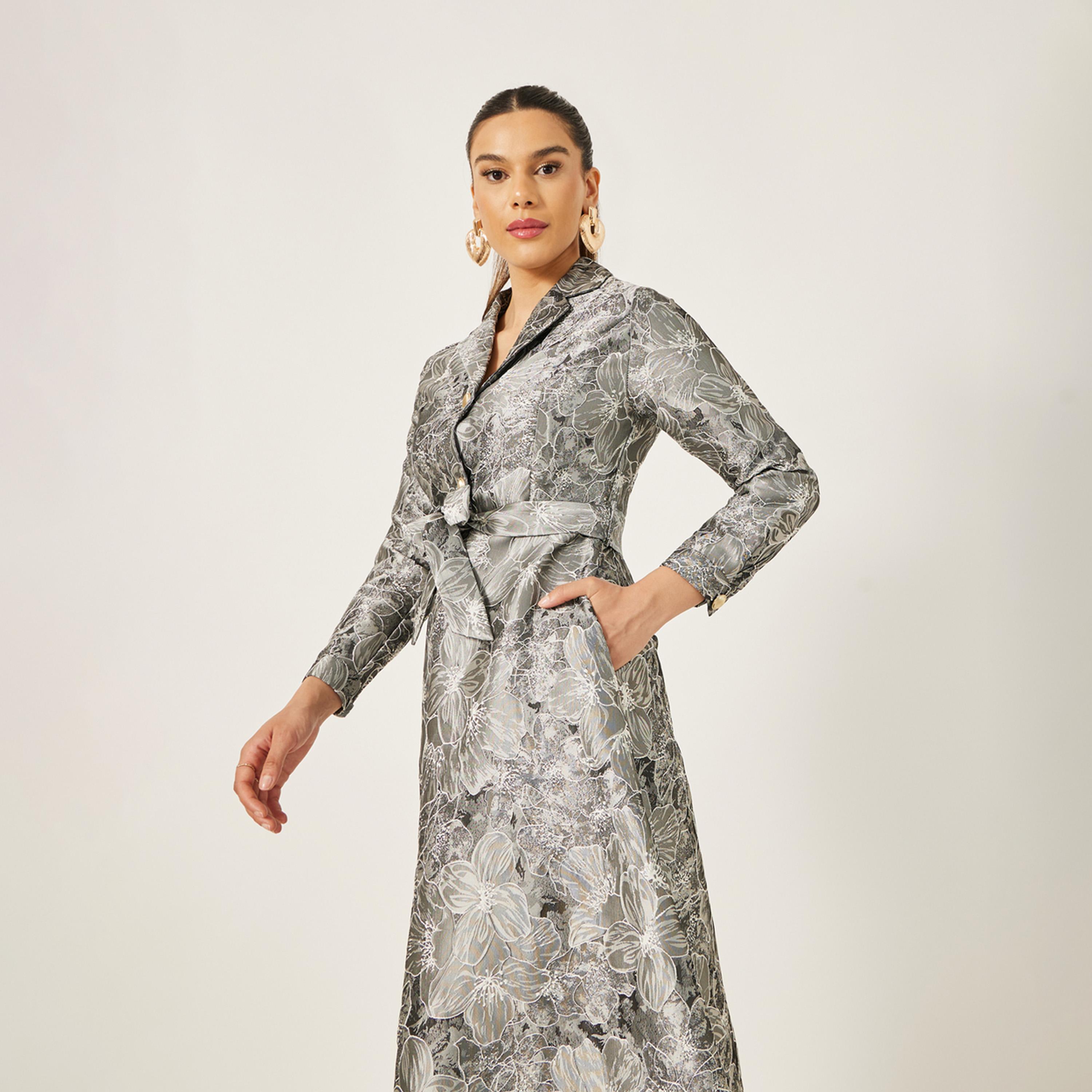 Styli Jacquard Collared Long Sleeves A-Line Maxi Dress-women-clothing-dresses-image-2
