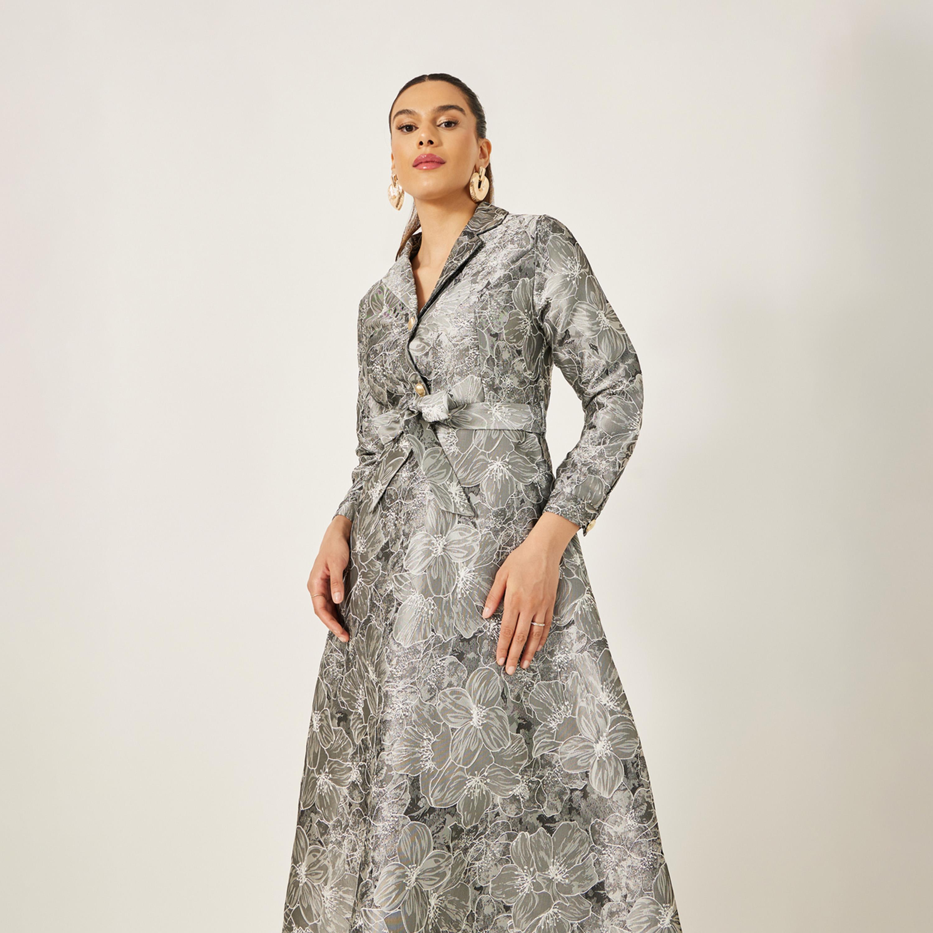 Styli Jacquard Collared Long Sleeves A-Line Maxi Dress-women-clothing-dresses-image-3