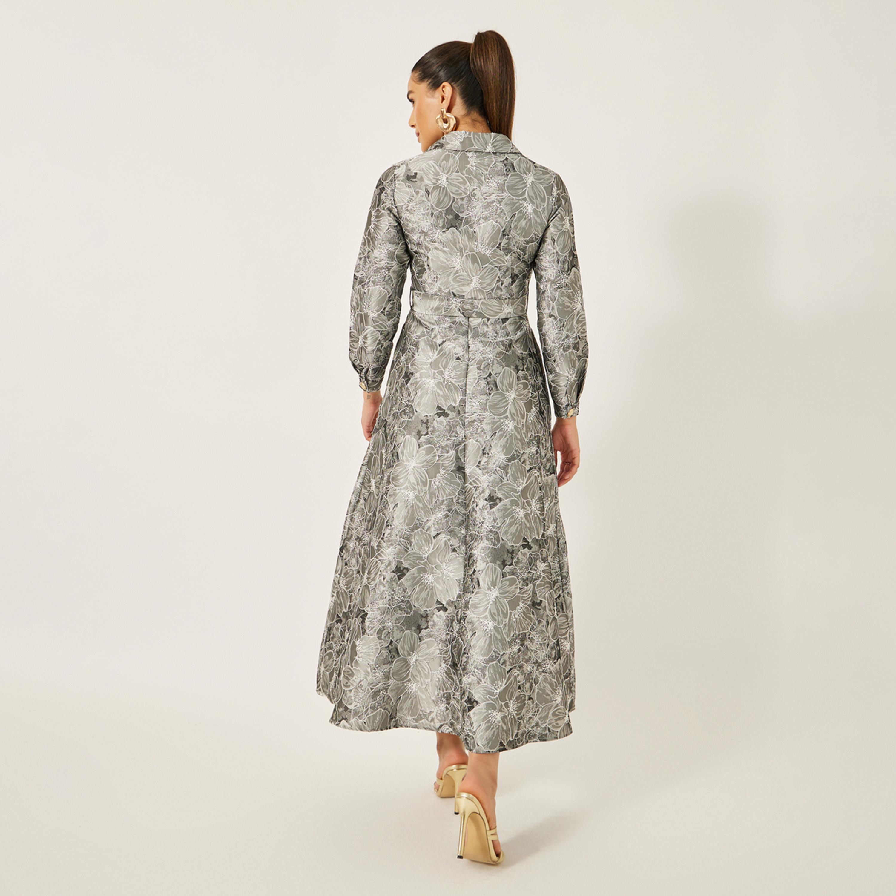 Styli Jacquard Collared Long Sleeves A-Line Maxi Dress-women-clothing-dresses-image-5