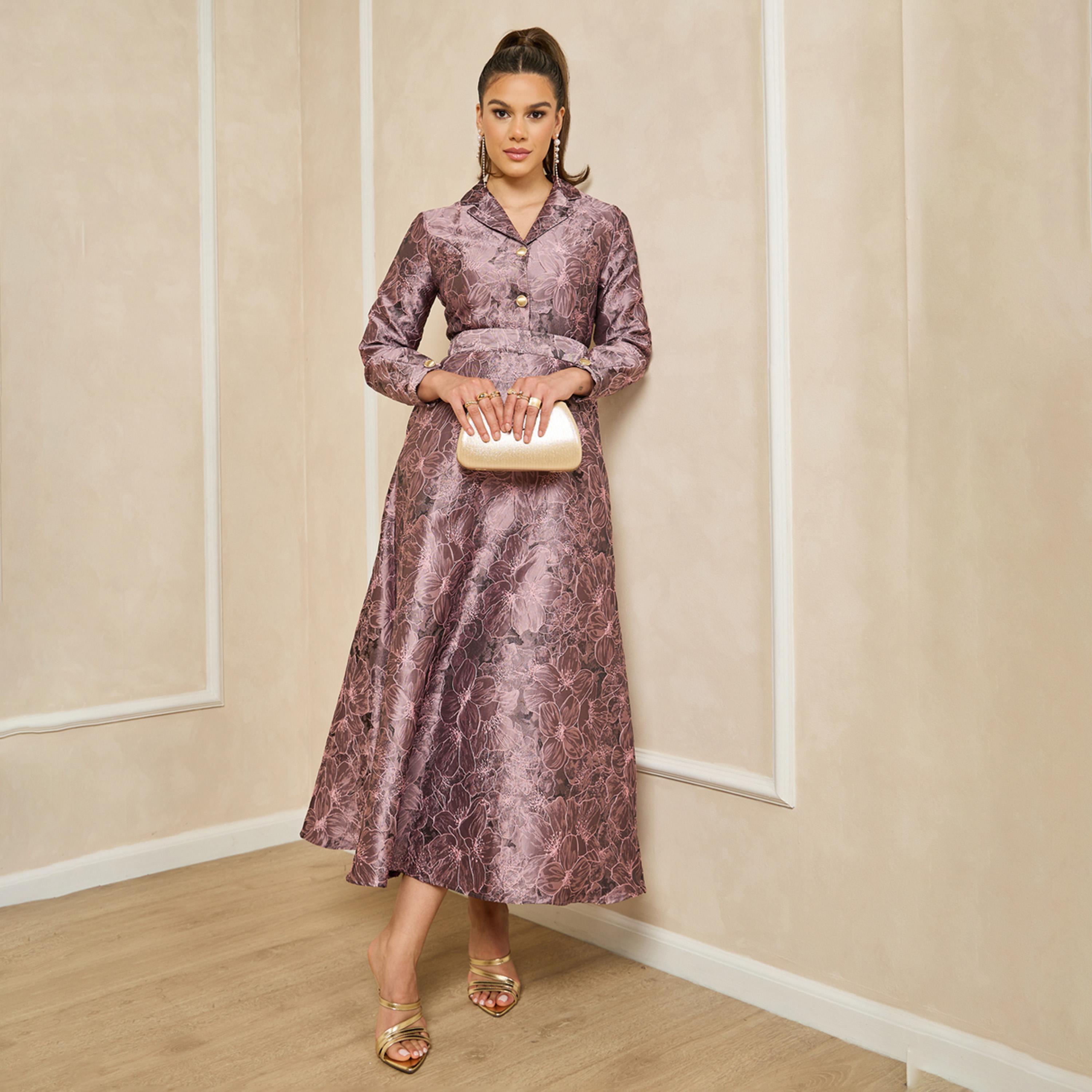ستايلي - فستان ماكسي جاكار بياقة وأكمام طويلة وقصة A-women-clothing-dresses-image-1