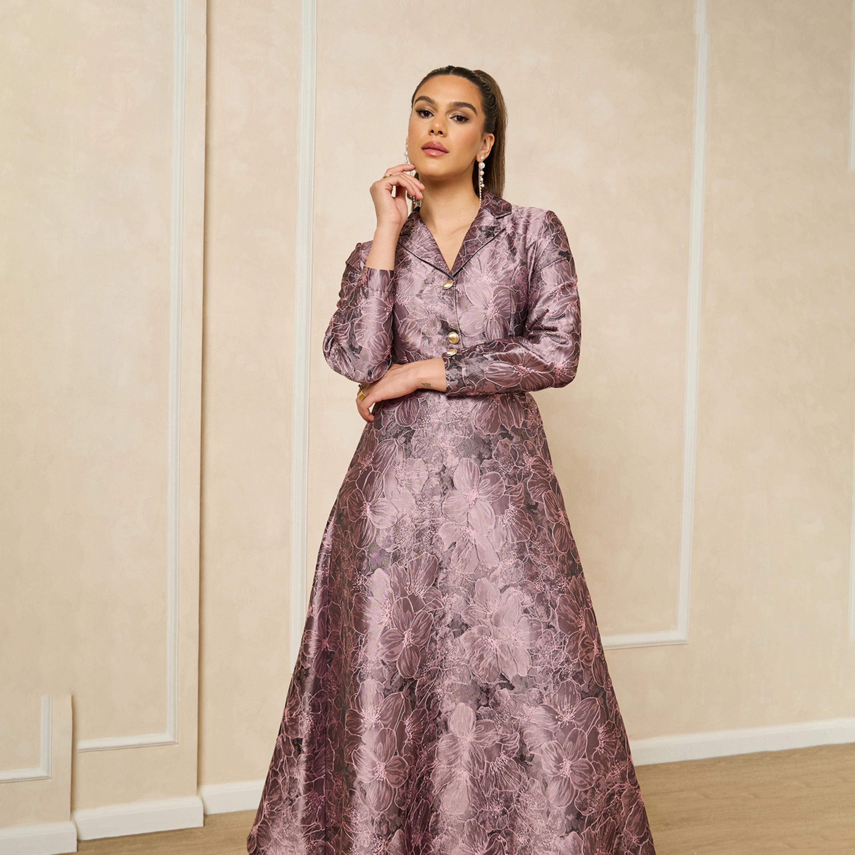 Styli Jacquard Collared Long Sleeves A-Line Maxi Dress-women-clothing-dresses-image-2