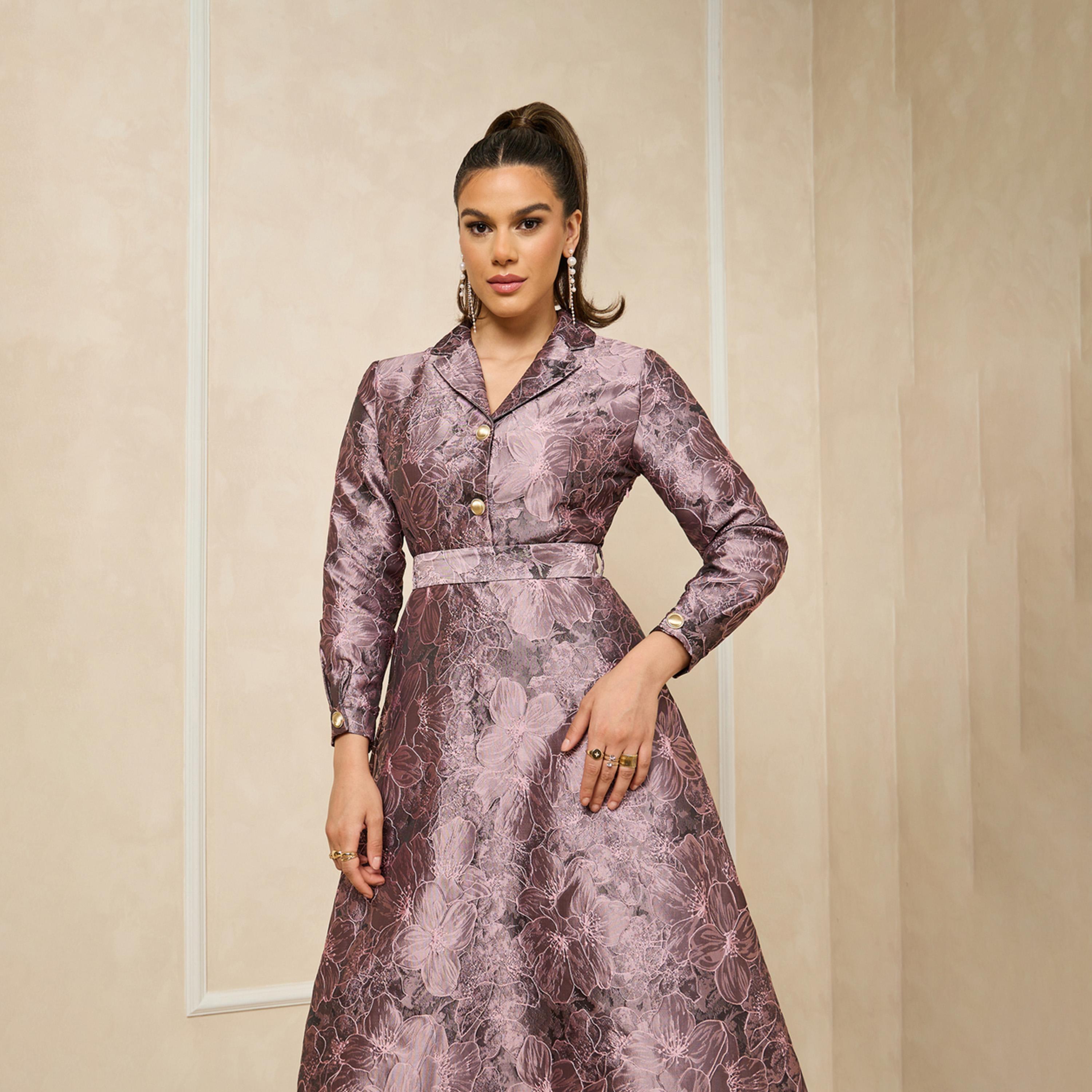 Styli Jacquard Collared Long Sleeves A-Line Maxi Dress-women-clothing-dresses-image-3