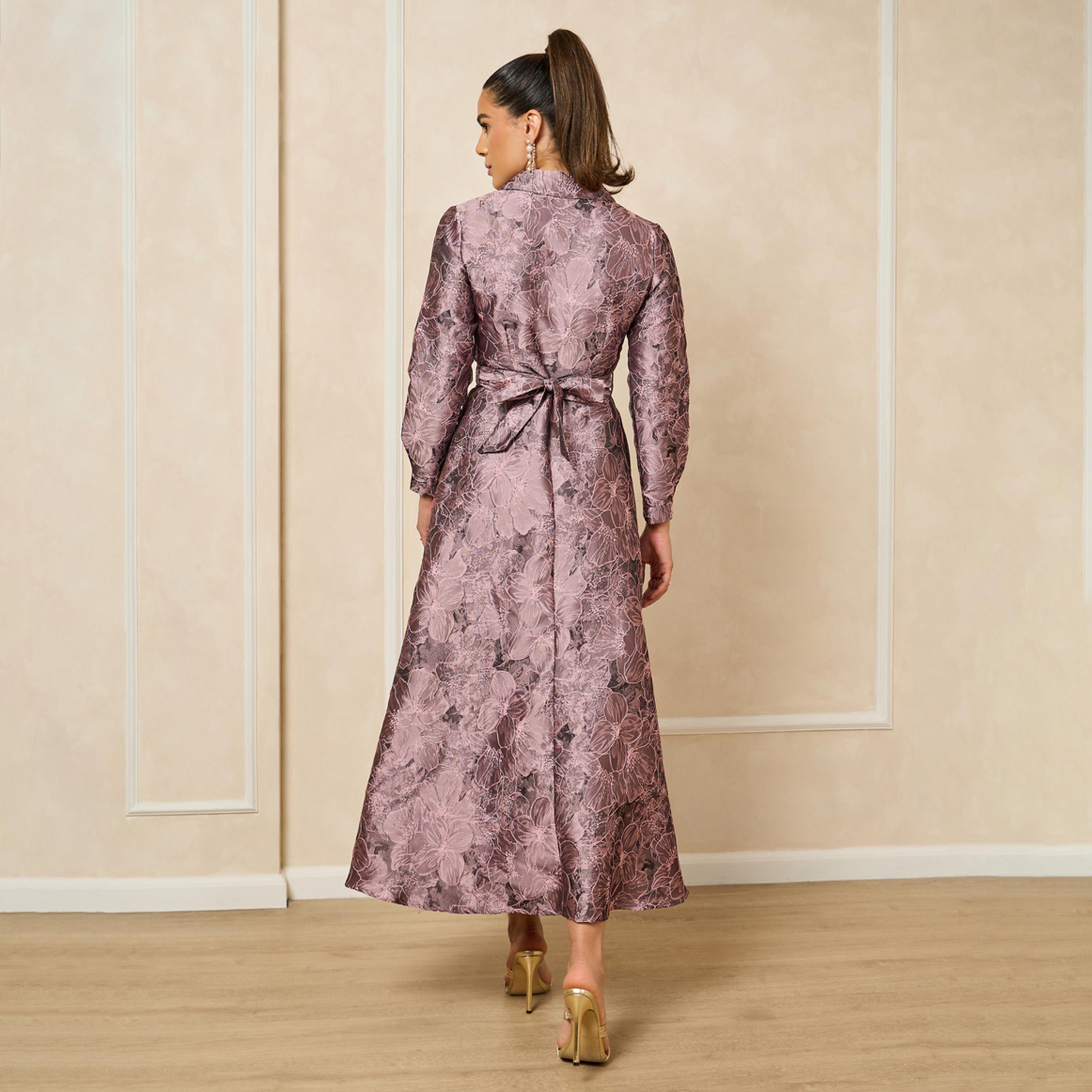 Styli Jacquard Collared Long Sleeves A-Line Maxi Dress-women-clothing-dresses-image-5