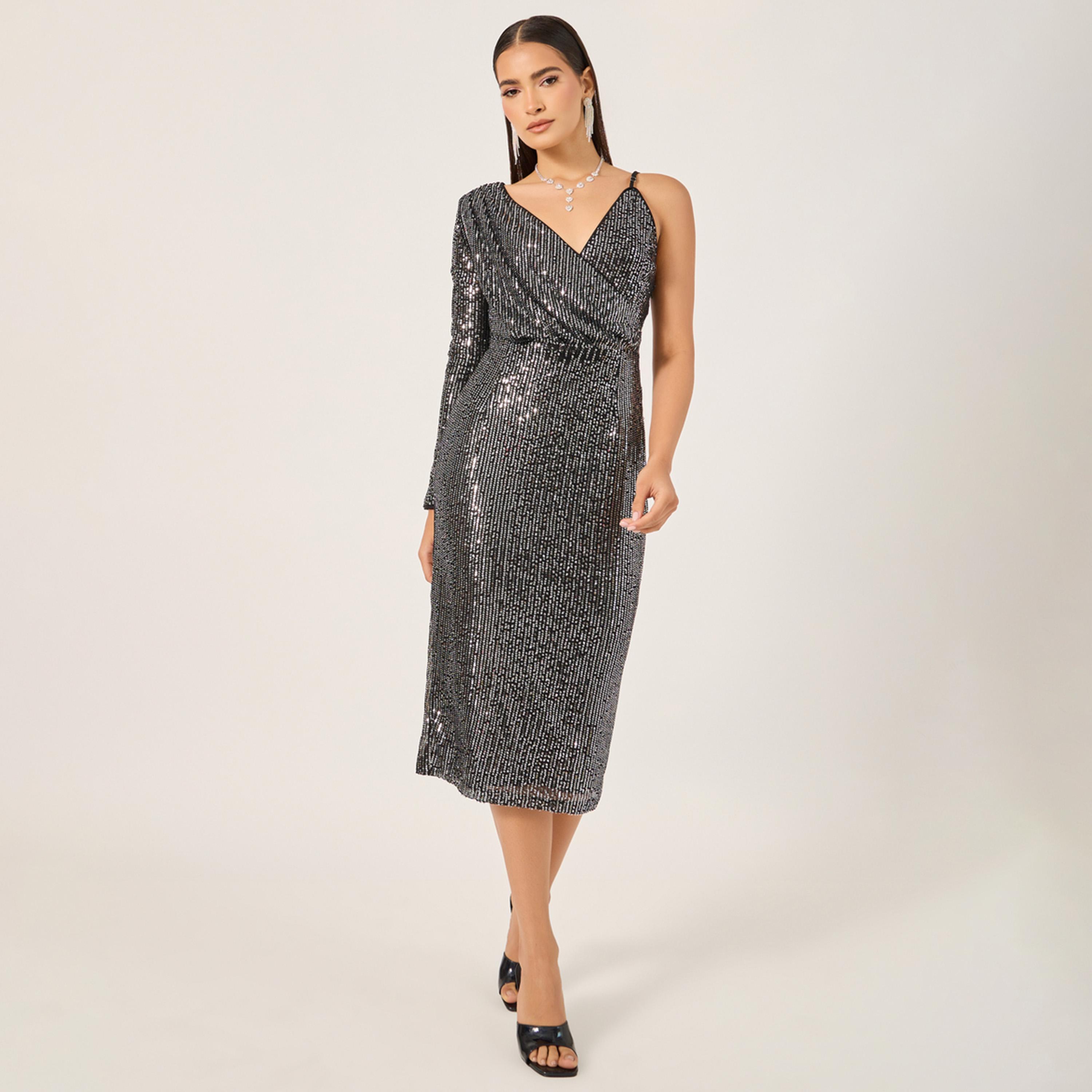Styli Sequined One Long Sleeve Sheath Midi Dress-women-clothing-dresses-image-2