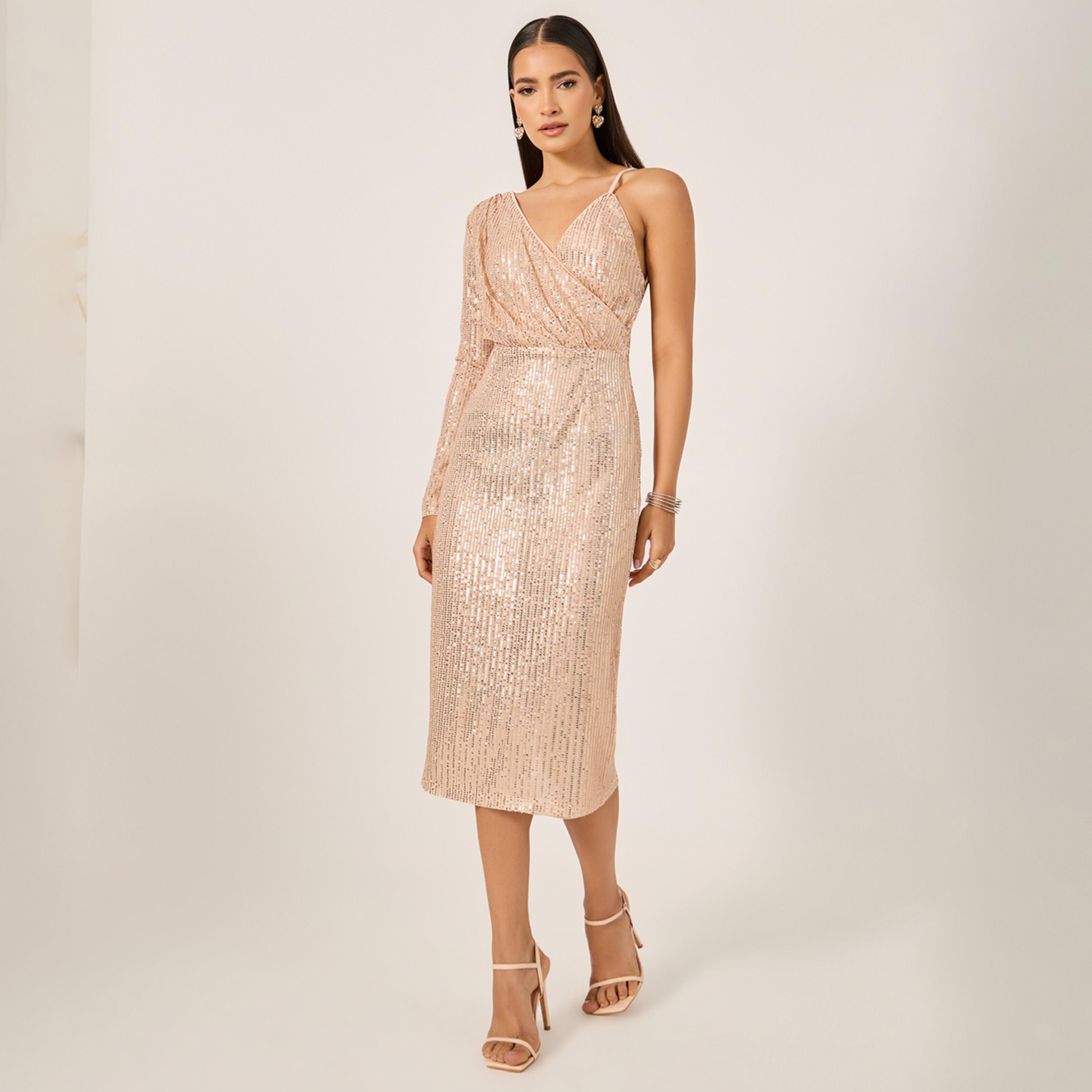 ستايلي - فستان ميدي بأكمام طويلة مزين بالترتر-women-clothing-dresses-image-2