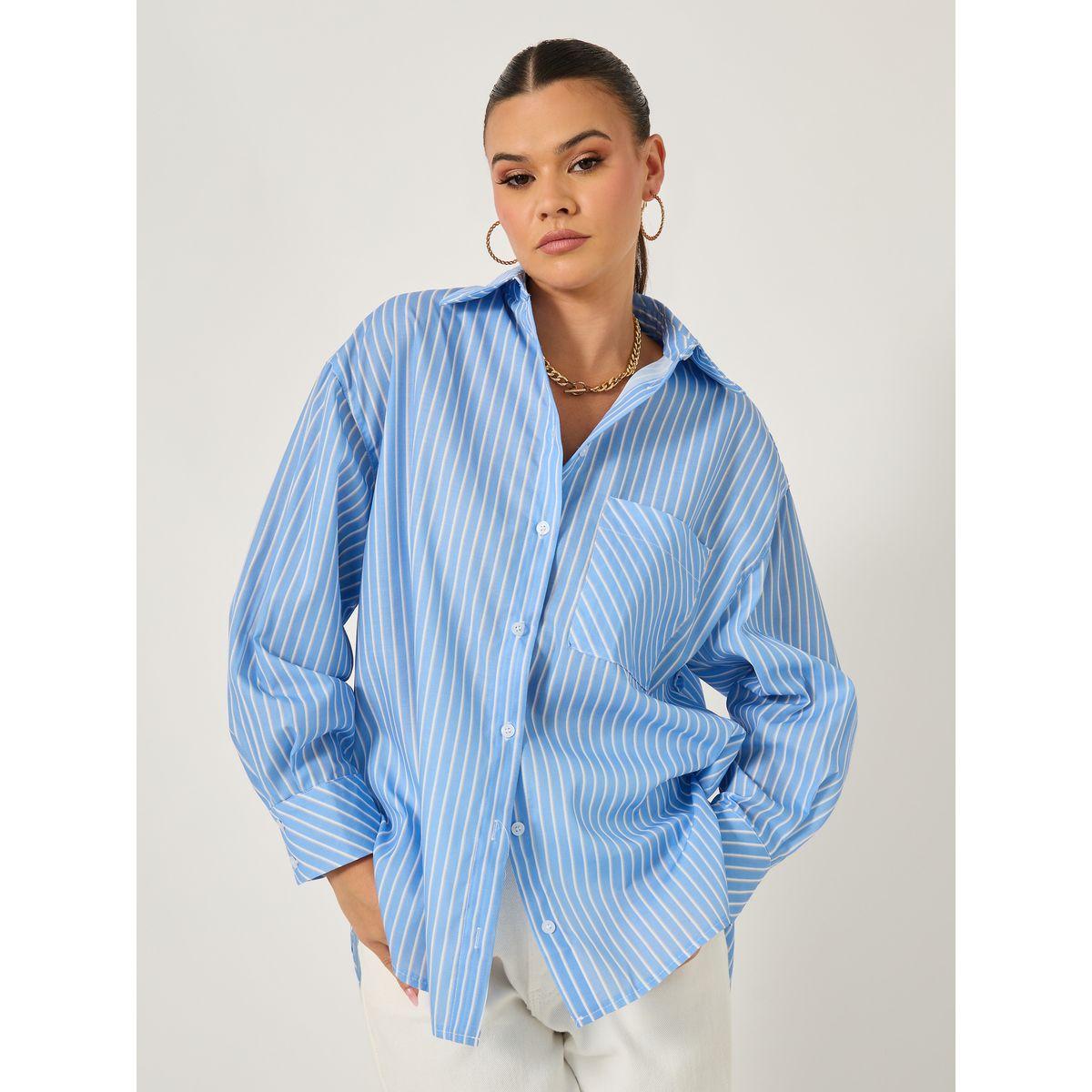 بلوزة فضفاضة مخططة بأكمام طويلة وجيب-women-clothing-shirtsandblouses-shirts-image-1