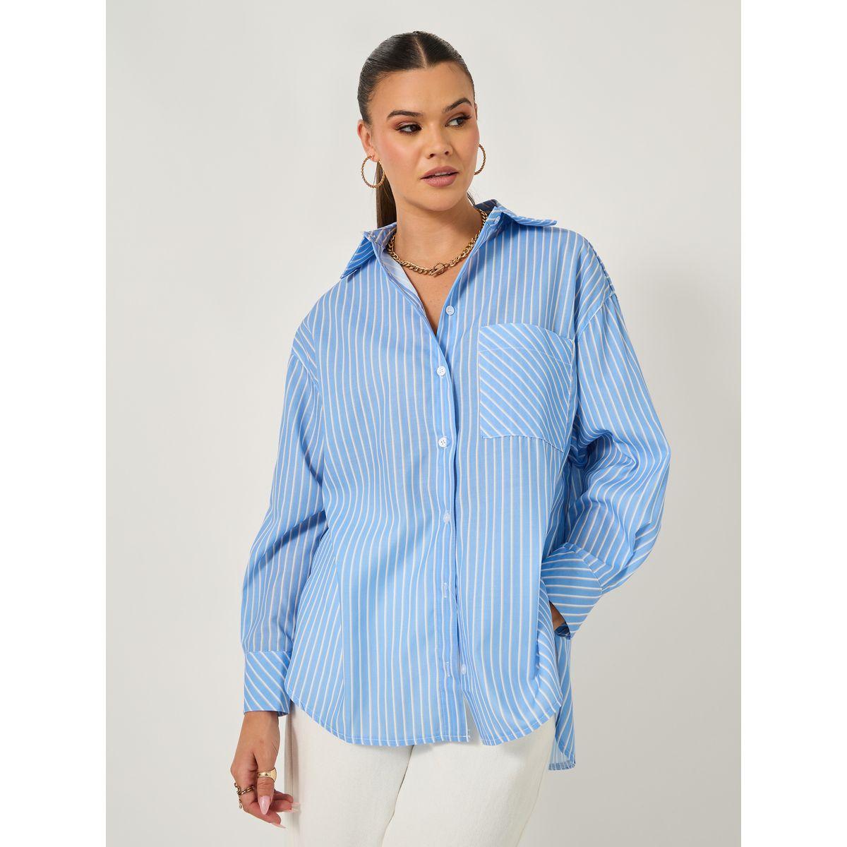 بلوزة فضفاضة مخططة بأكمام طويلة وجيب-women-clothing-shirtsandblouses-shirts-image-2