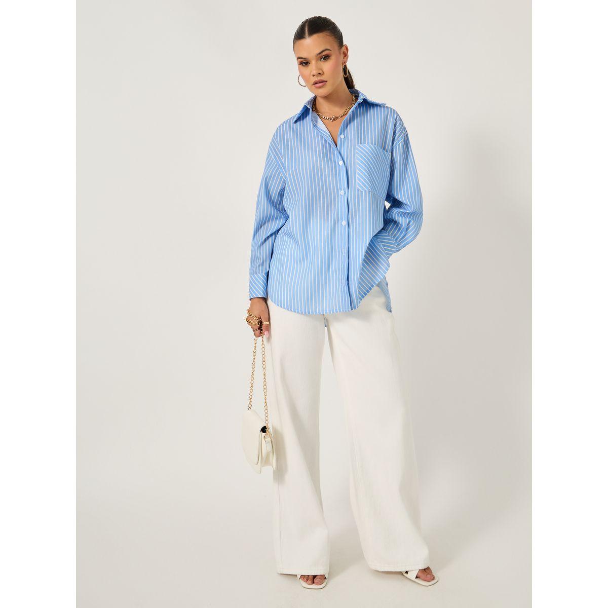 بلوزة فضفاضة مخططة بأكمام طويلة وجيب-women-clothing-shirtsandblouses-shirts-image-3