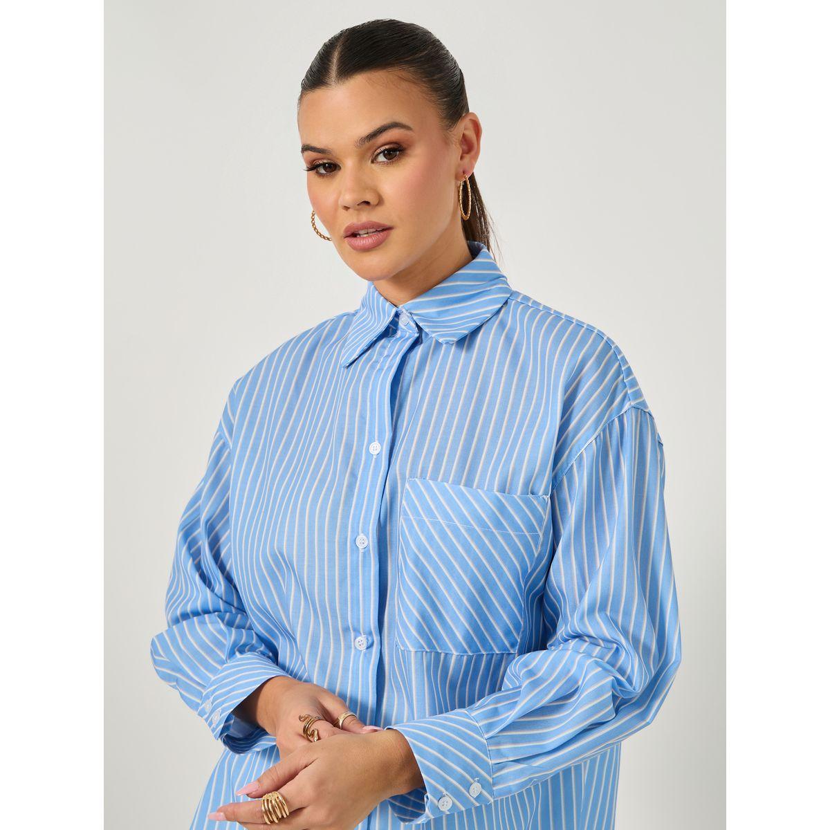 بلوزة فضفاضة مخططة بأكمام طويلة وجيب-women-clothing-shirtsandblouses-shirts-image-4
