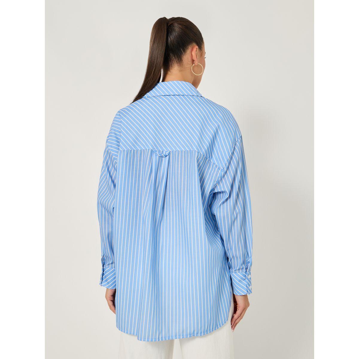 بلوزة فضفاضة مخططة بأكمام طويلة وجيب-women-clothing-shirtsandblouses-shirts-image-6