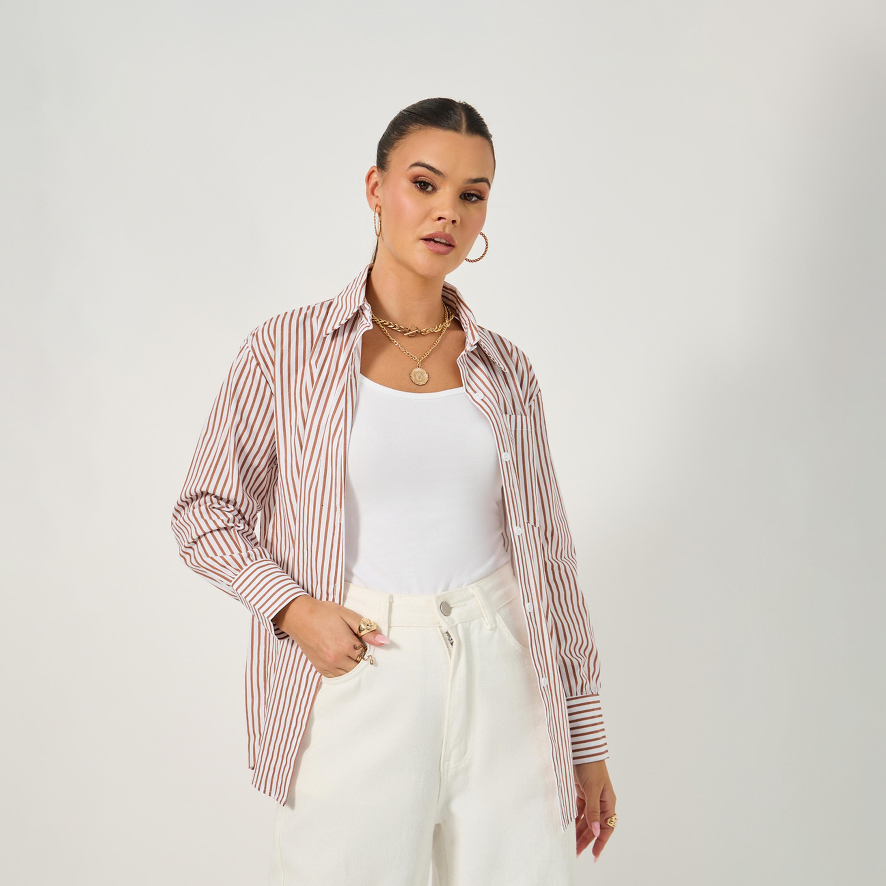 ستايلي - قميص مخطط كبير الحجم بأكمام طويلة وياقة-women-clothing-shirtsandblouses-shirts-image-2