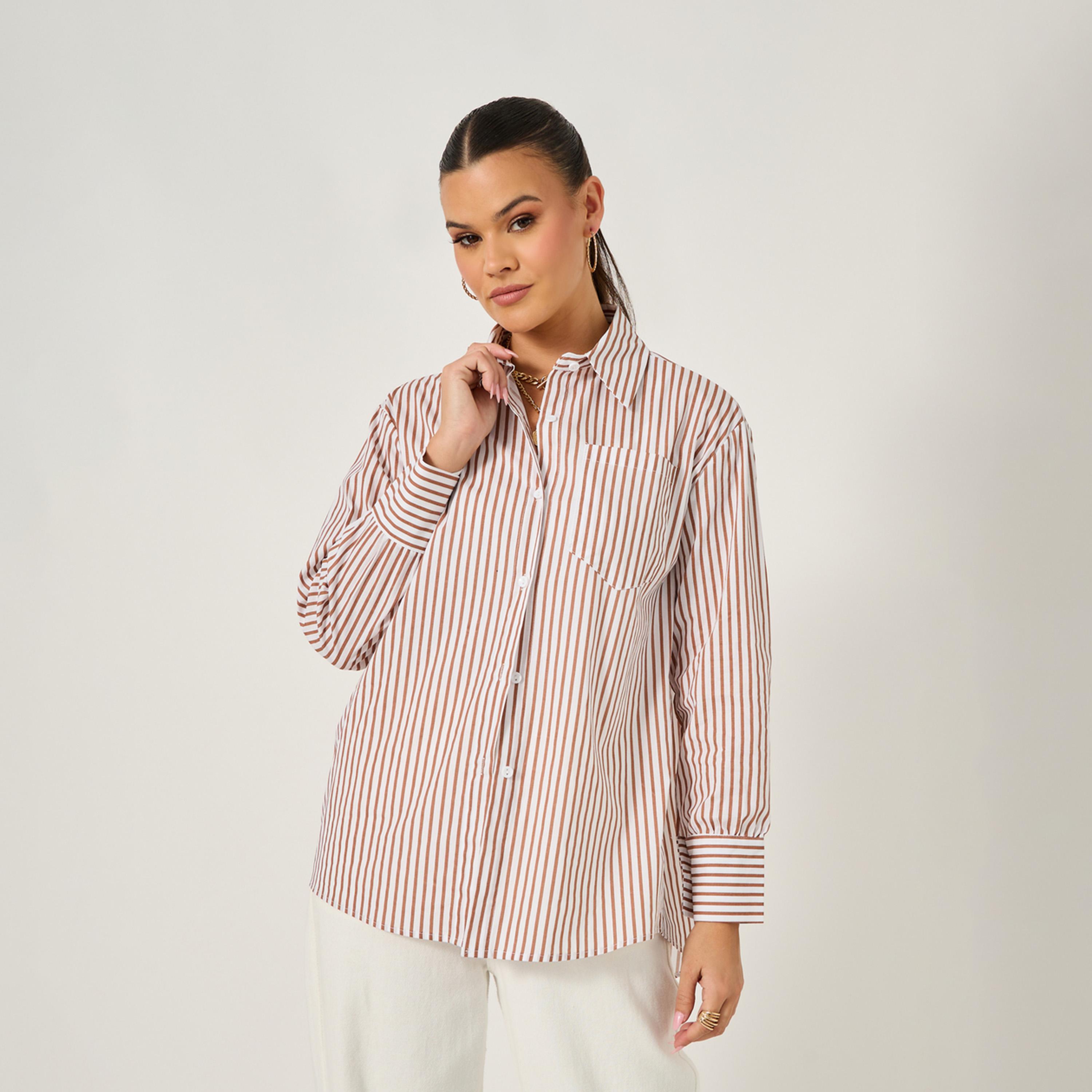 ستايلي - قميص مخطط كبير الحجم بأكمام طويلة وياقة-women-clothing-shirtsandblouses-shirts-image-3