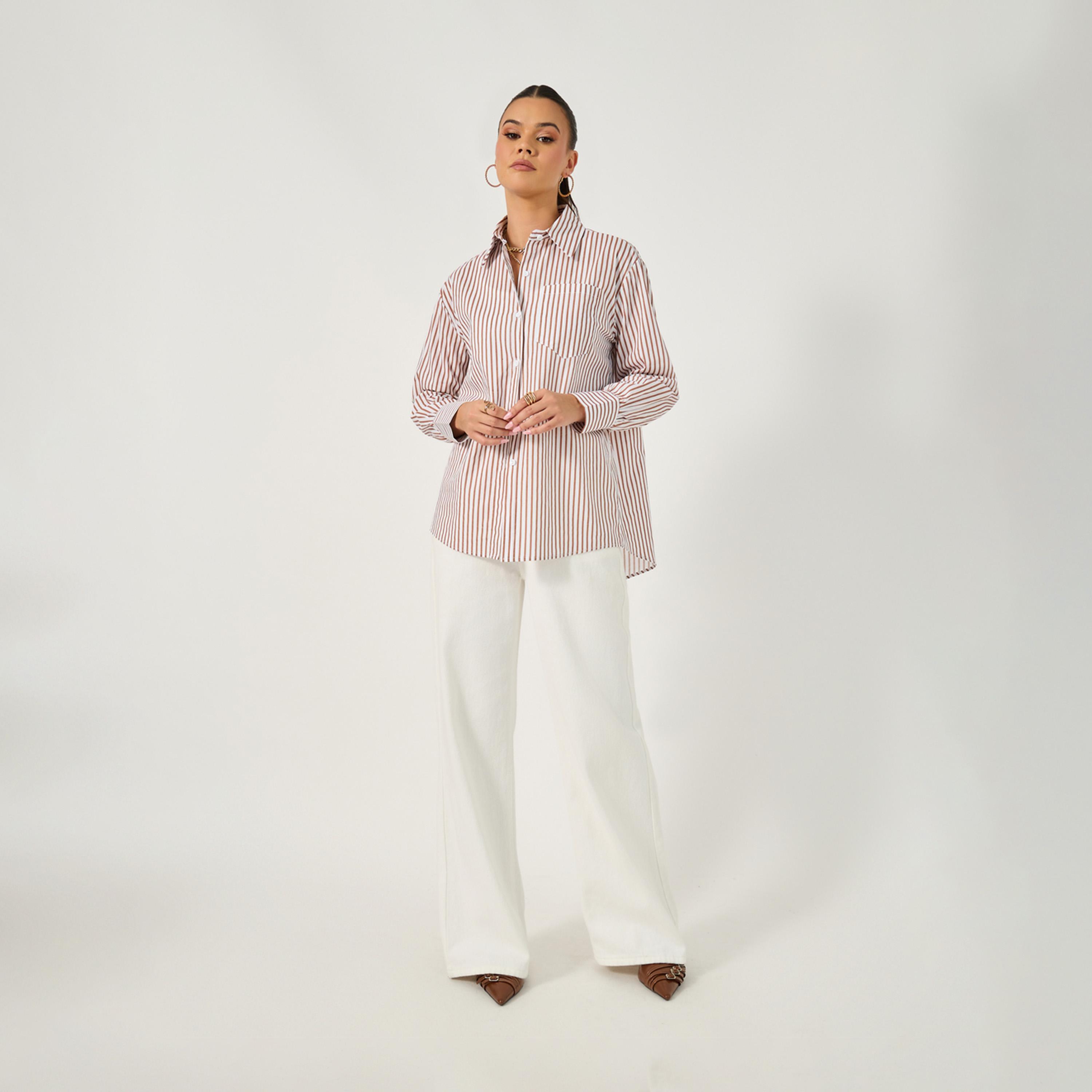 ستايلي - قميص مخطط كبير الحجم بأكمام طويلة وياقة-women-clothing-shirtsandblouses-shirts-image-4