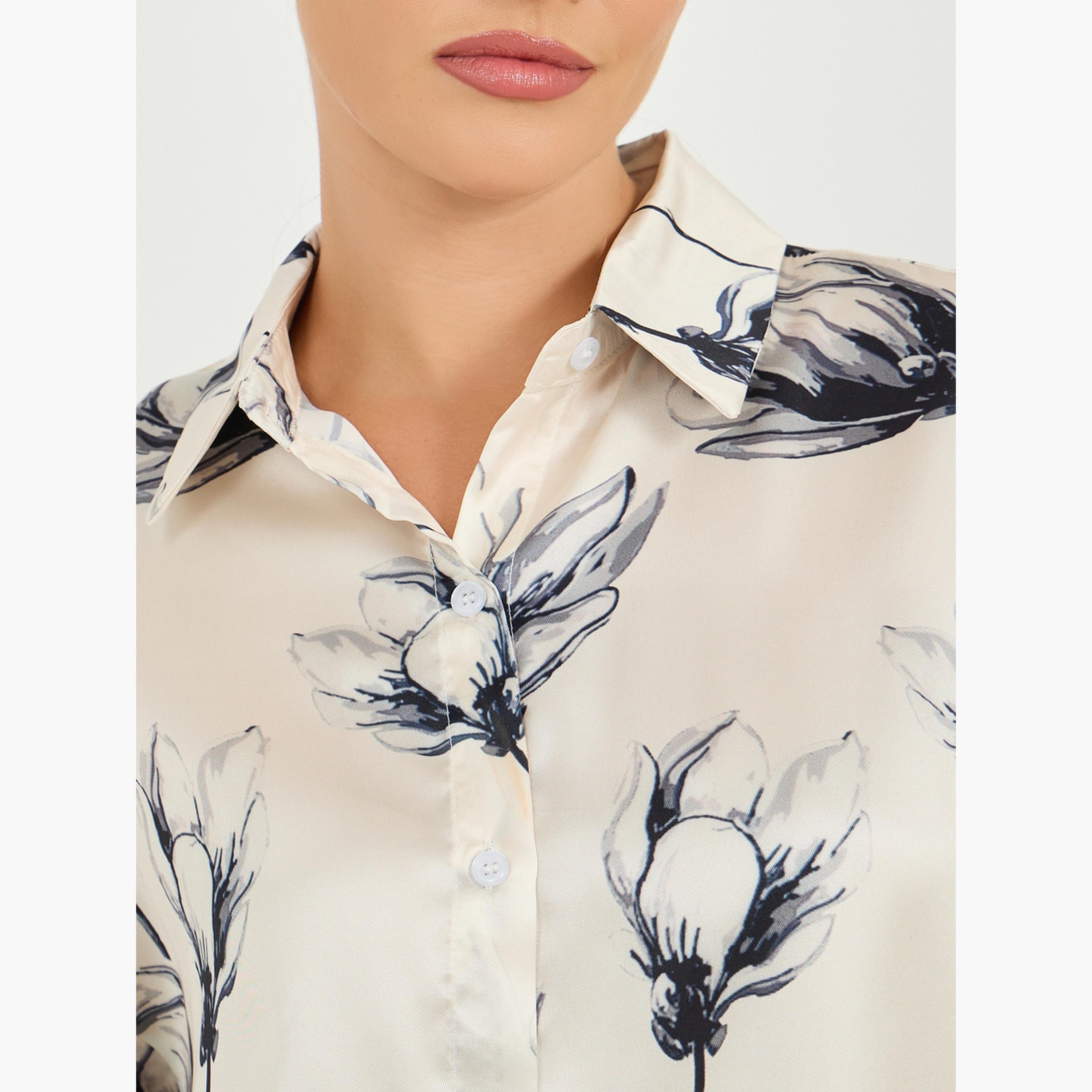 ستايلي - قميص ساتان كبير الحجم بطبعة زهور وياقة-women-clothing-shirtsandblouses-shirts-image-4