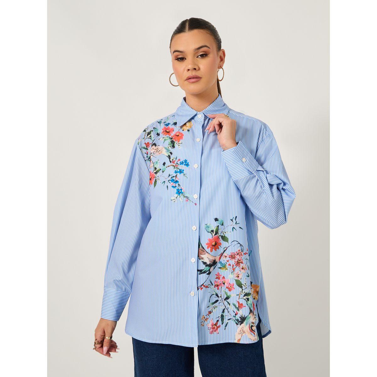 Long Sleeves Oversized  Floral Printed Collared Shirt-women-clothing-shirtsandblouses-shirts-image-2