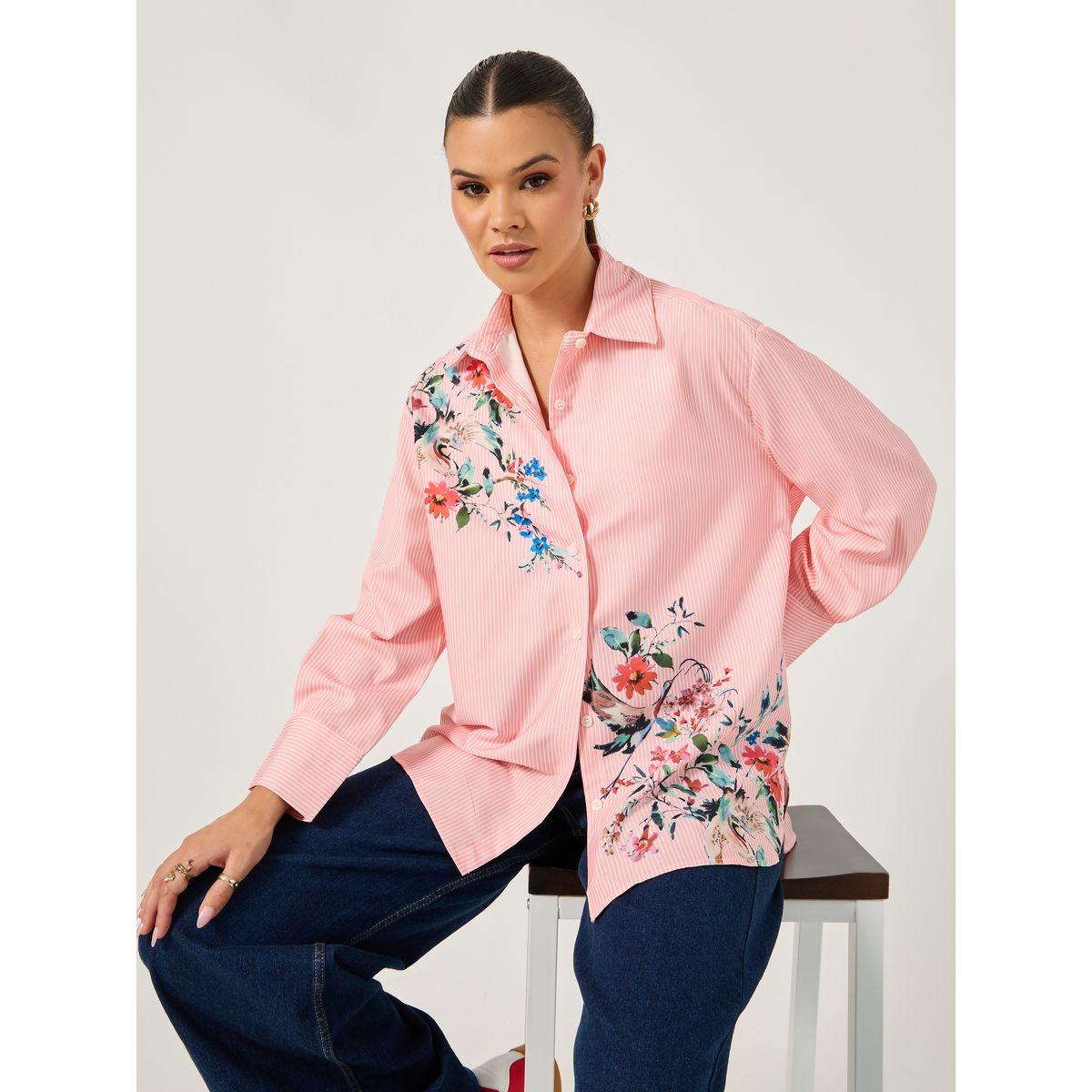 Long Sleeve Oversized  Floral Printed Collared Shirt-women-clothing-shirtsandblouses-shirts-image-1