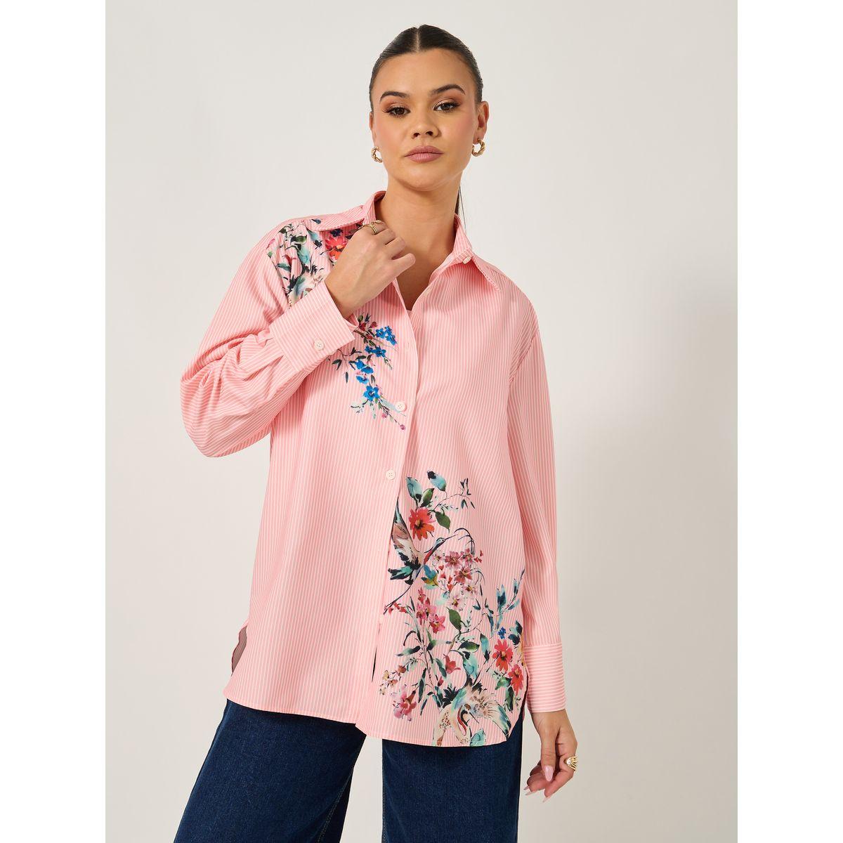 Long Sleeve Oversized  Floral Printed Collared Shirt-women-clothing-shirtsandblouses-shirts-image-2