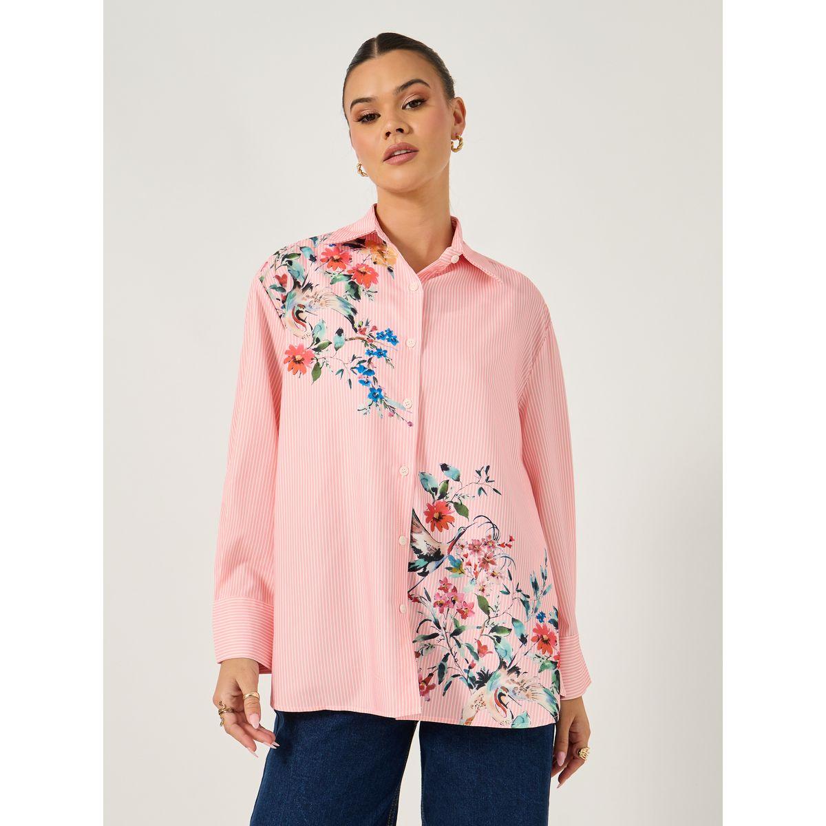 Long Sleeve Oversized  Floral Printed Collared Shirt-women-clothing-shirtsandblouses-shirts-image-4