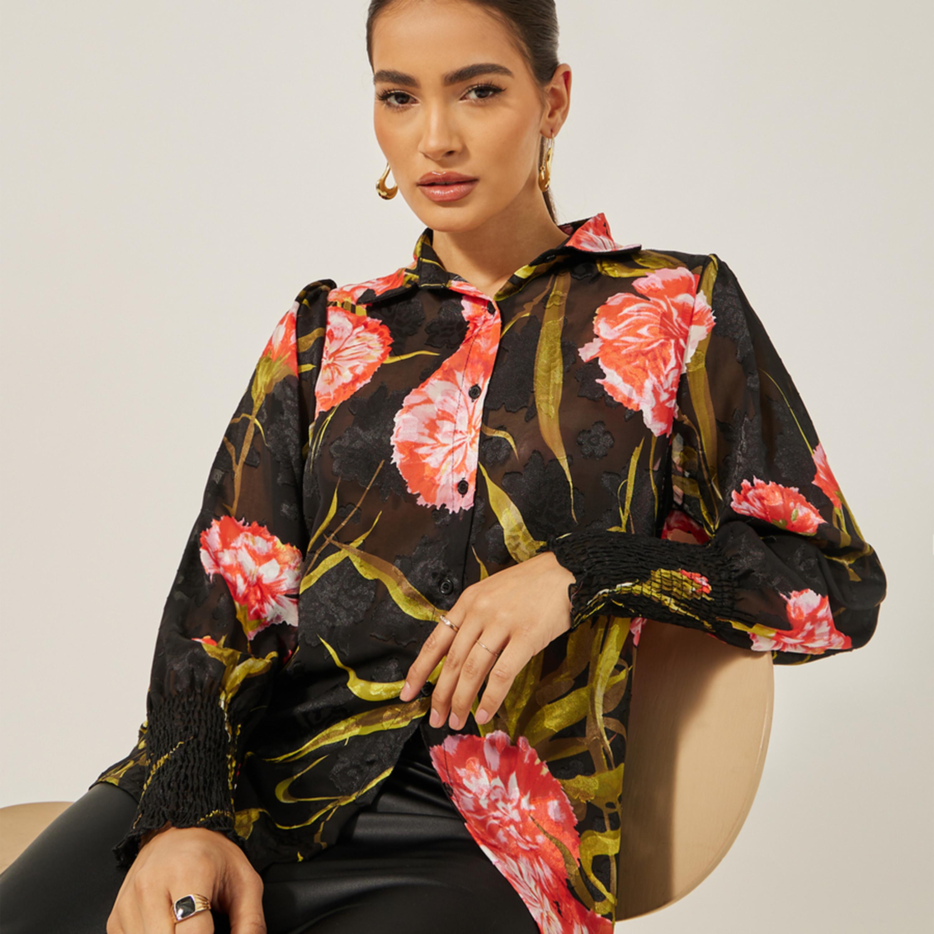 ستايلي - قميص بطبعة زهور وأكمام مطوية وياقة-women-clothing-shirtsandblouses-shirts-image-1