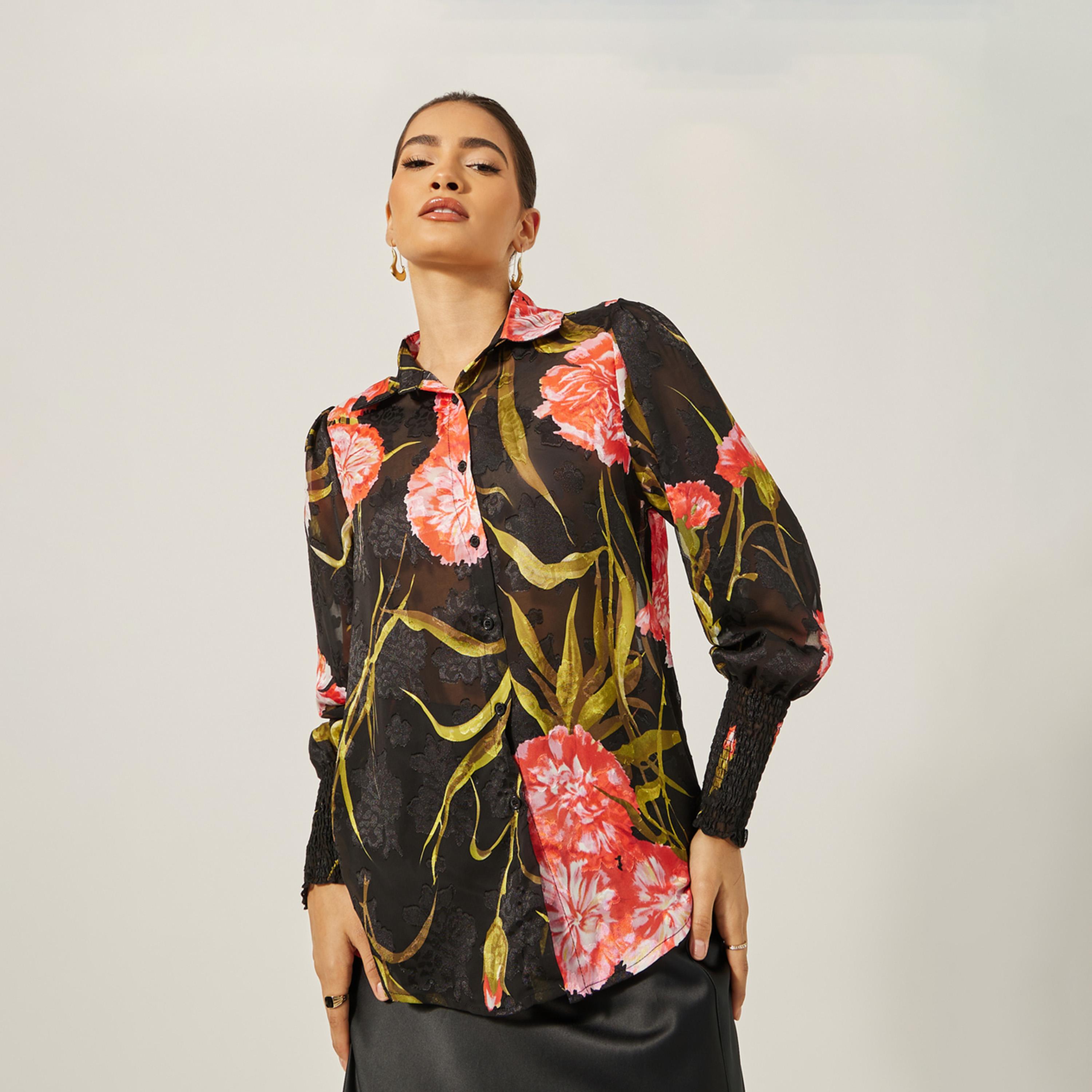 ستايلي - قميص بطبعة زهور وأكمام مطوية وياقة-women-clothing-shirtsandblouses-shirts-image-3