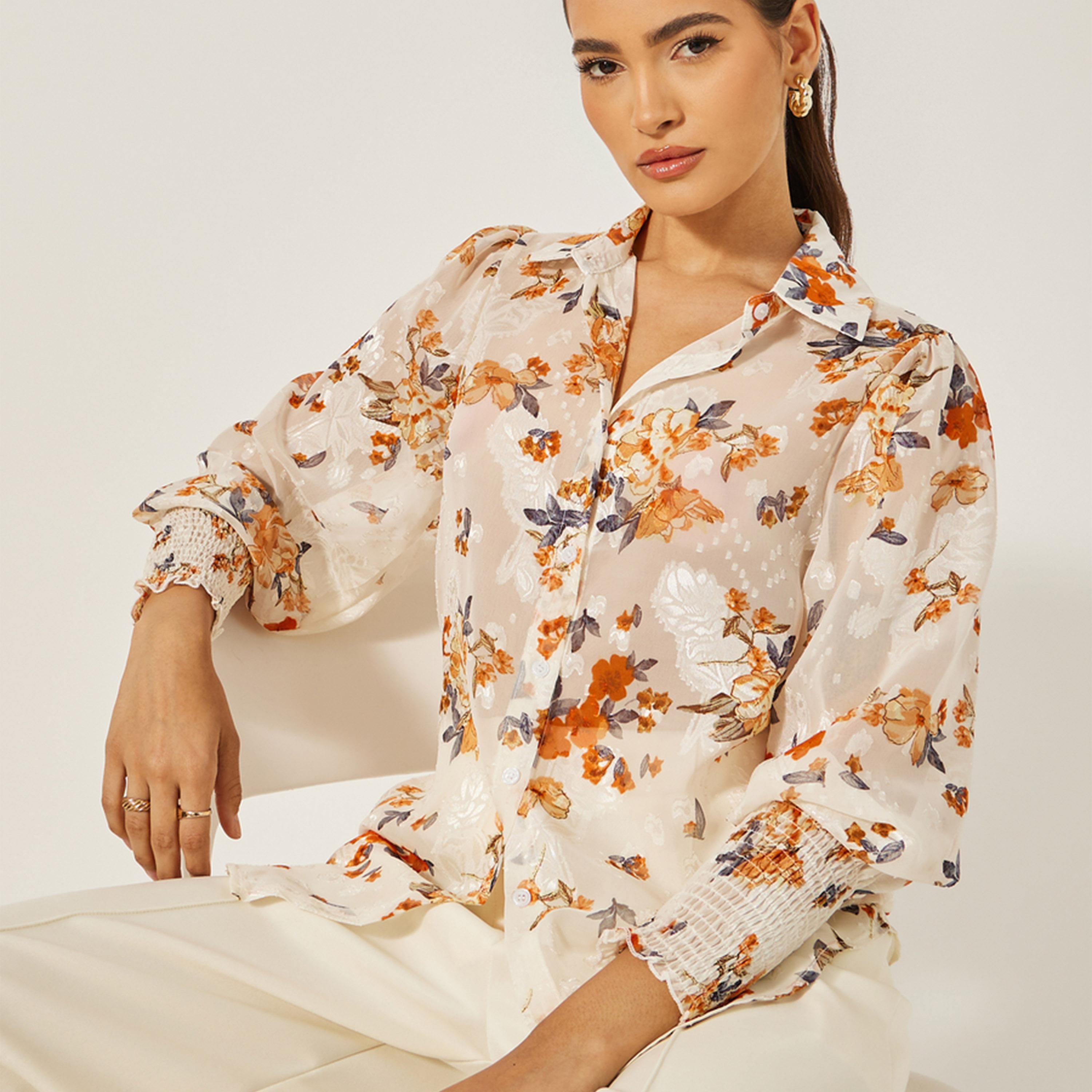 Styli Floral Print Jacquard Collared Shirt-women-clothing-shirtsandblouses-shirts-image-1