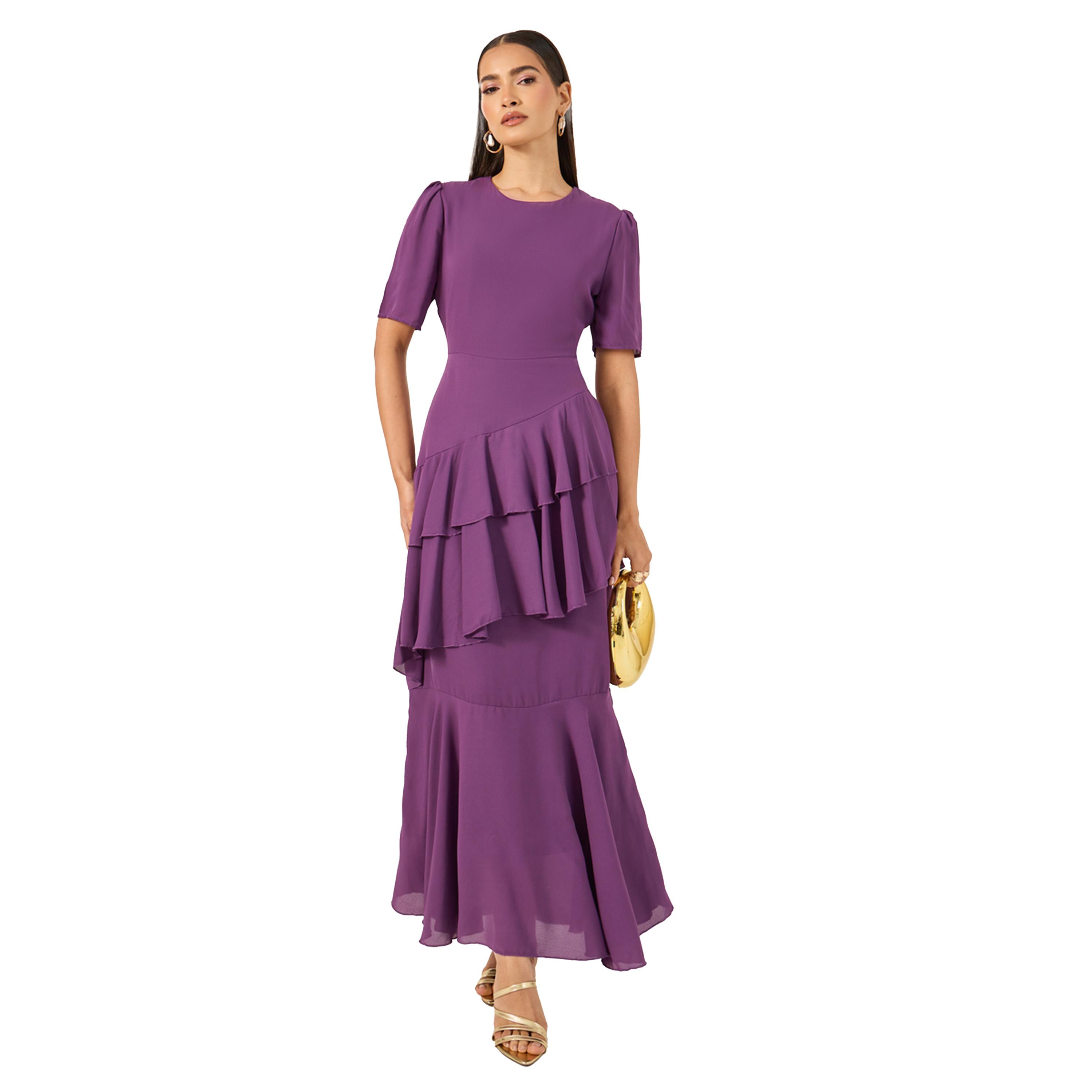 ستايلي -  فستان ماكسي متعدد الطبقات بياقة دائرية وتفاصيل كشكشة-women-clothing-dresses-image-1