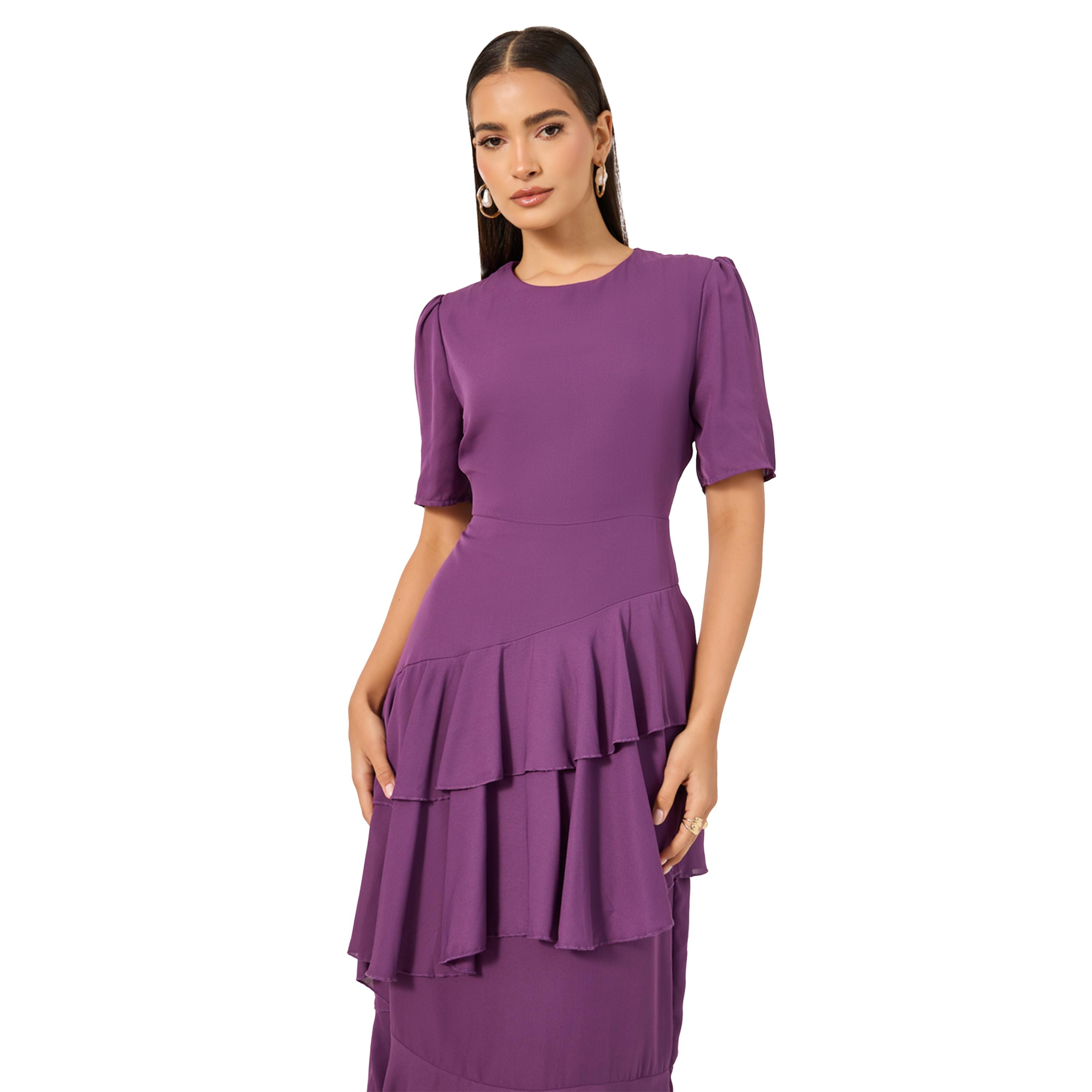 ستايلي -  فستان ماكسي متعدد الطبقات بياقة دائرية وتفاصيل كشكشة-women-clothing-dresses-image-3