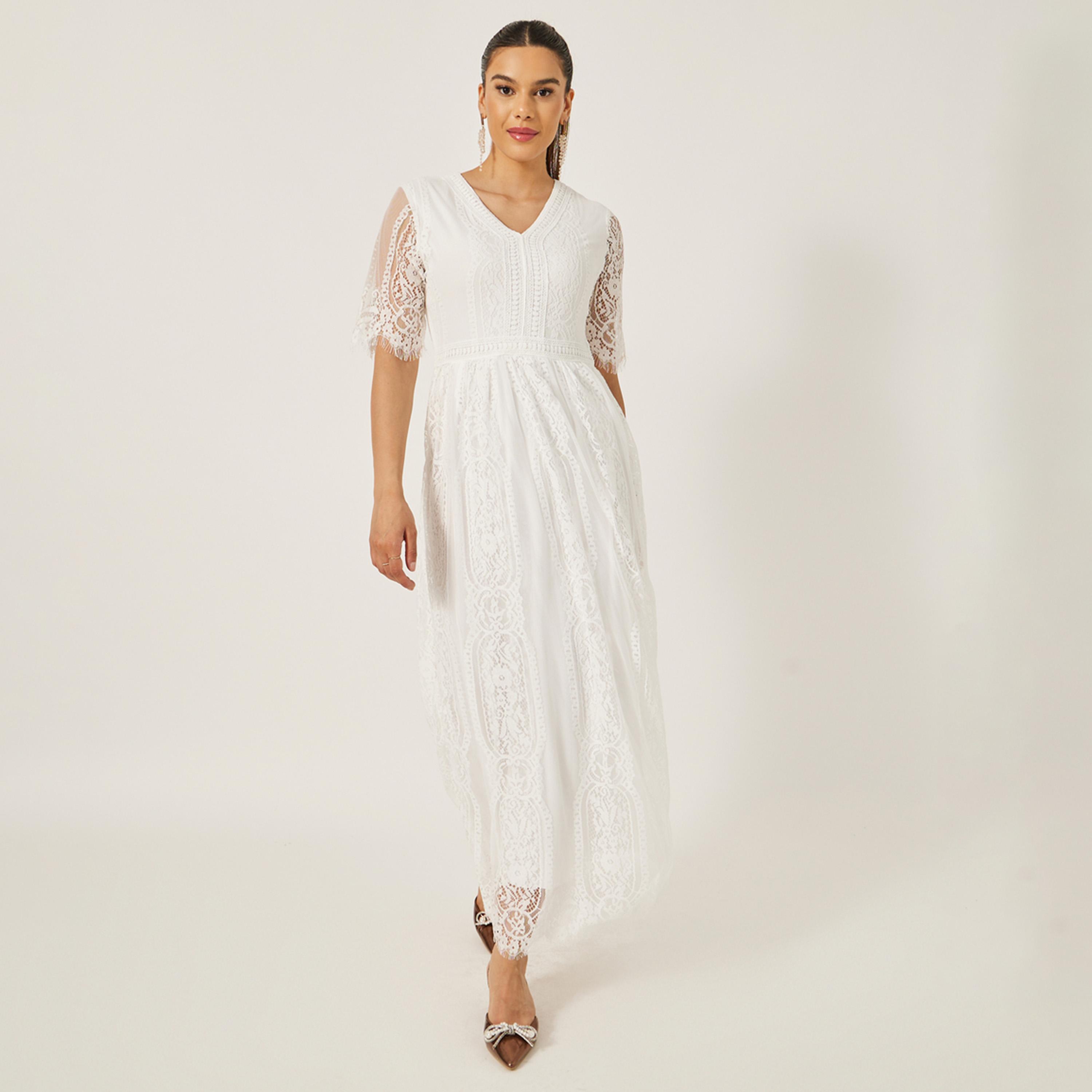 Styli Short Sleeves V-Neck A-Line Lace Maxi Dress-women-clothing-dresses-image-1
