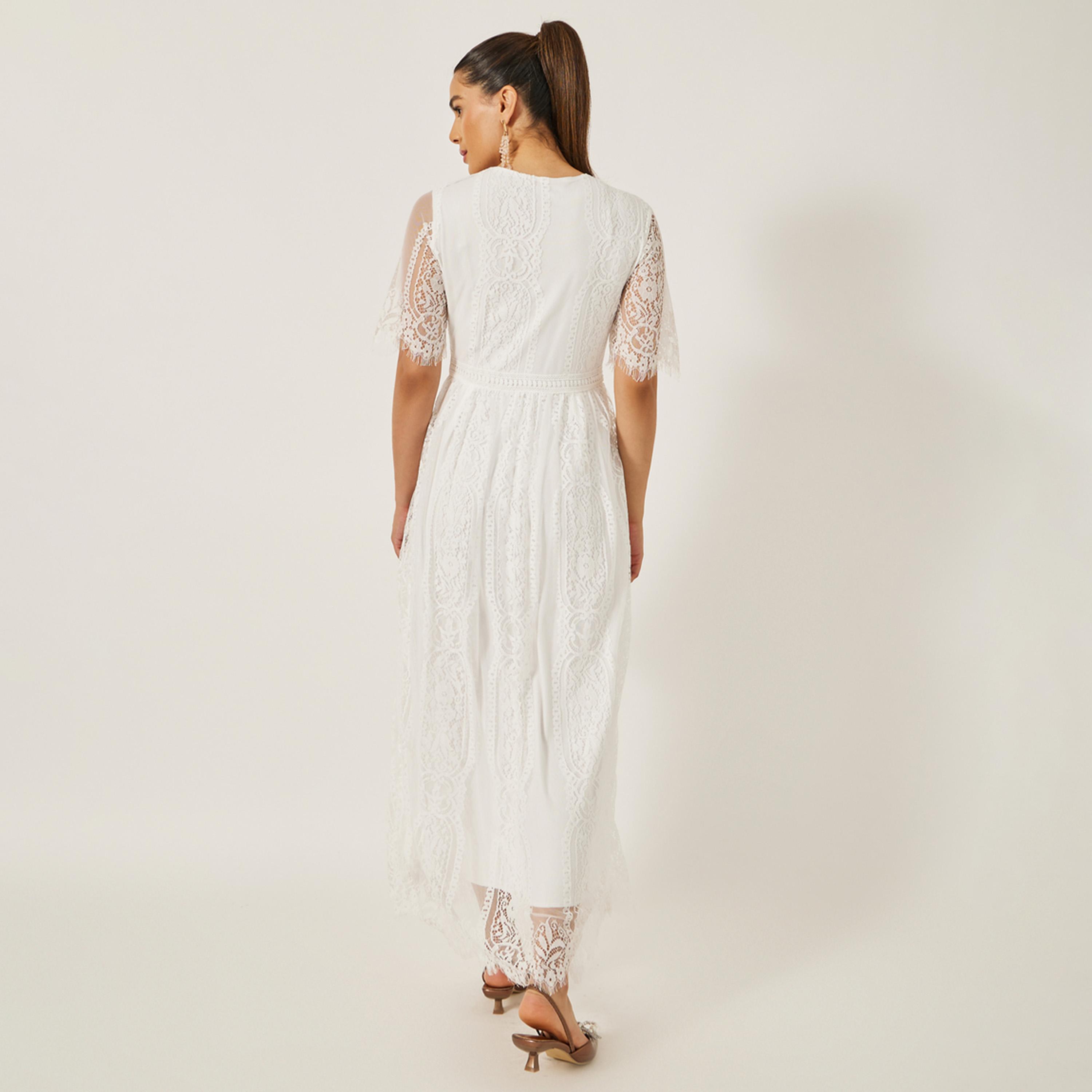 ستايلي - فستان ماكسي دانتيل بأكمام قصيرة ورقبة على شكل V-women-clothing-dresses-image-5