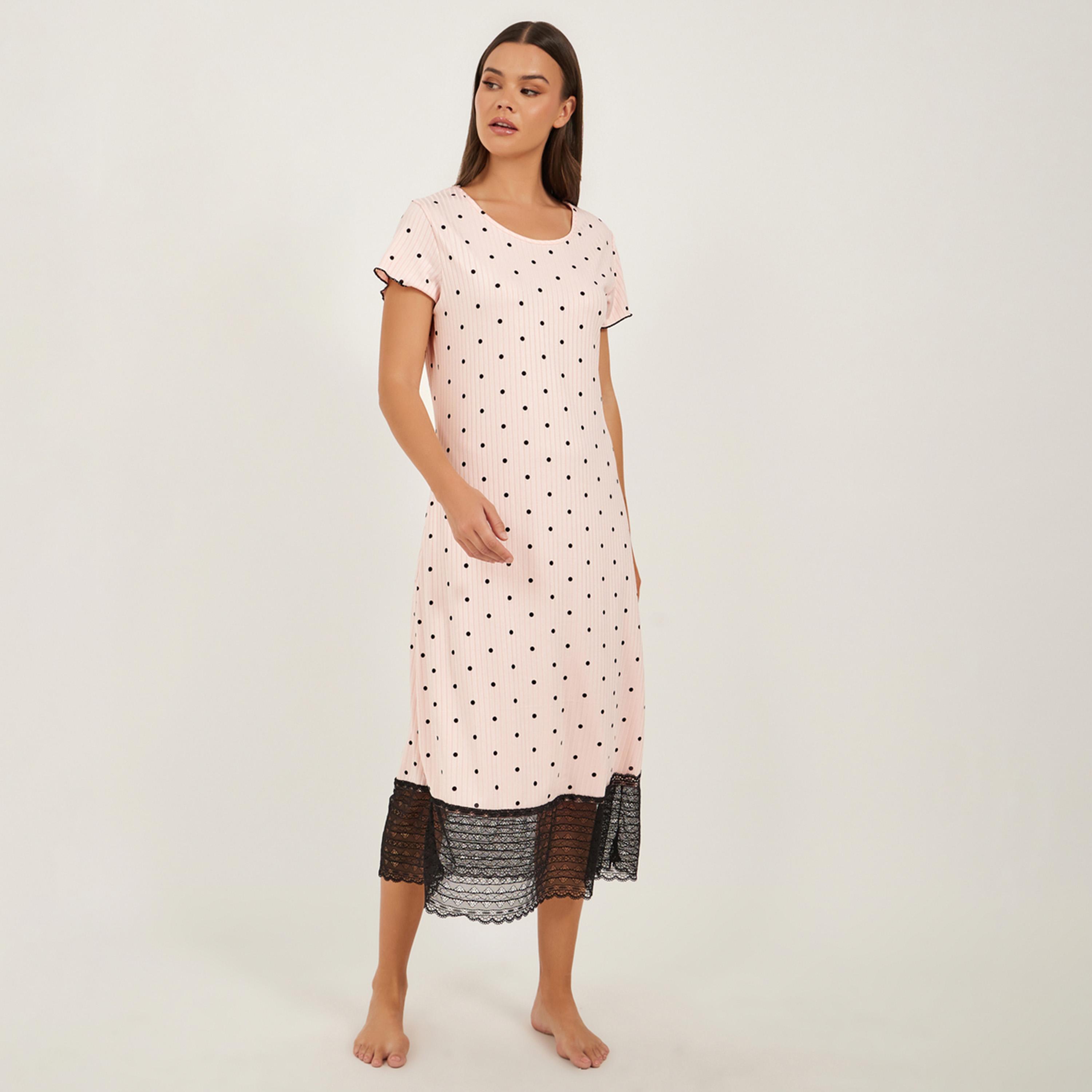 Styli Polka Dot Print Lace Hem Round Neck T-Shirt Dress-women-clothing-nightwear-nighties-image-1