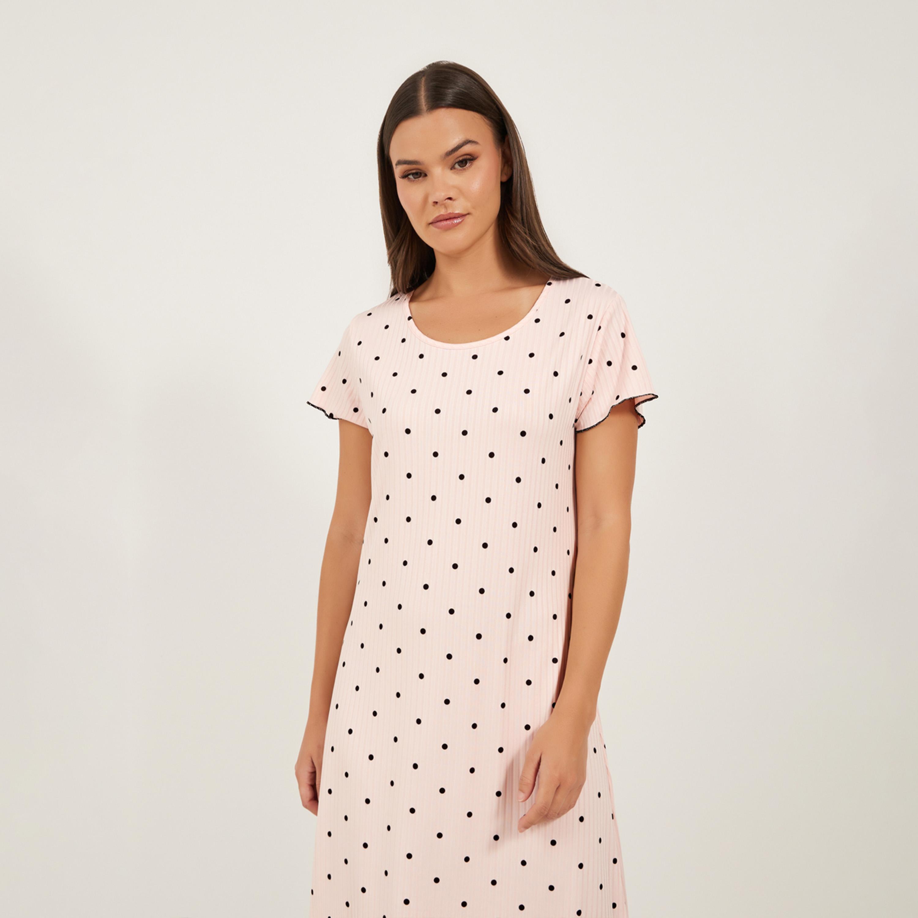 ستايلي - فستان تي شيرت منقط بحافة دانتيل وياقة دائرية-women-clothing-nightwear-nighties-image-2