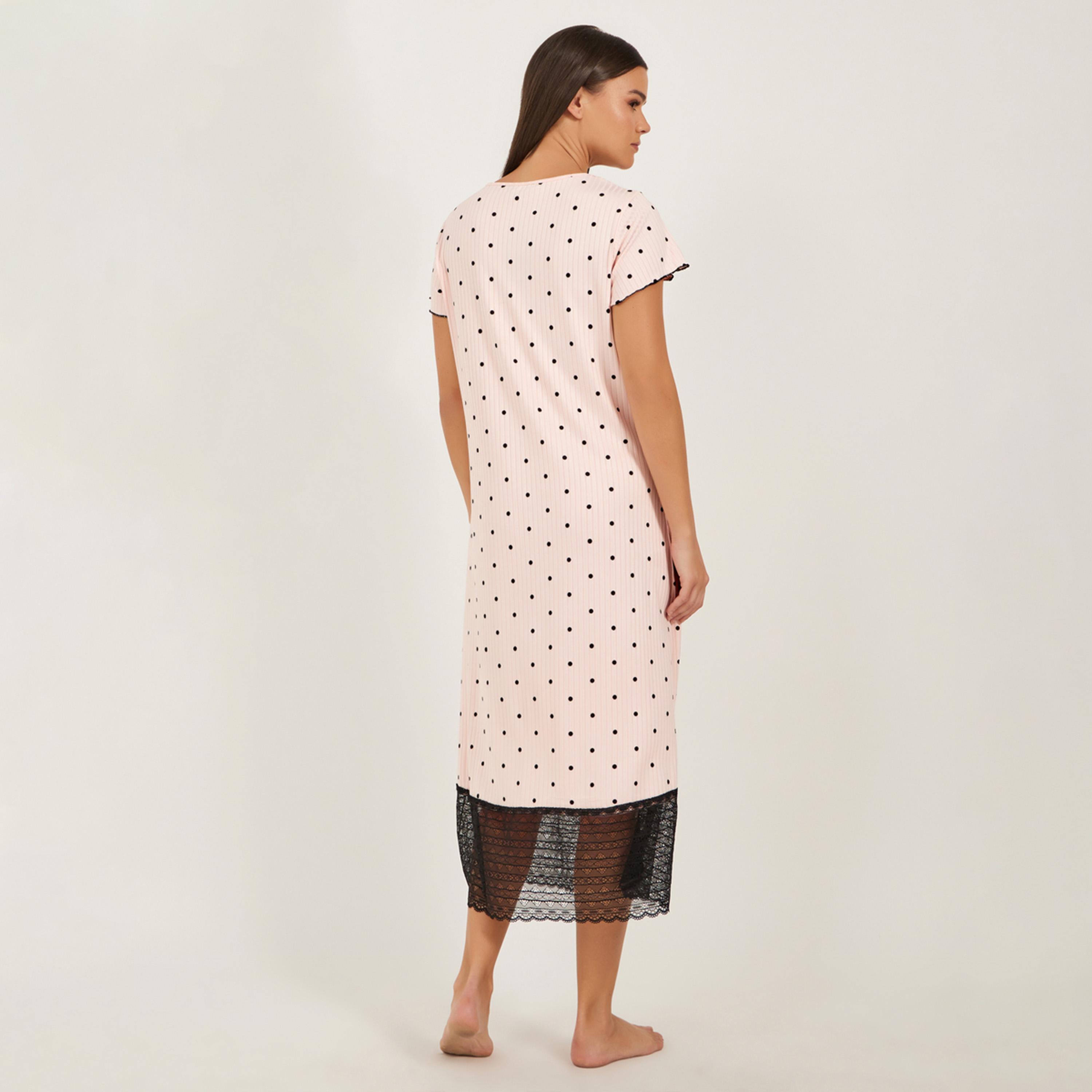 Styli Polka Dot Print Lace Hem Round Neck T-Shirt Dress-women-clothing-nightwear-nighties-image-4