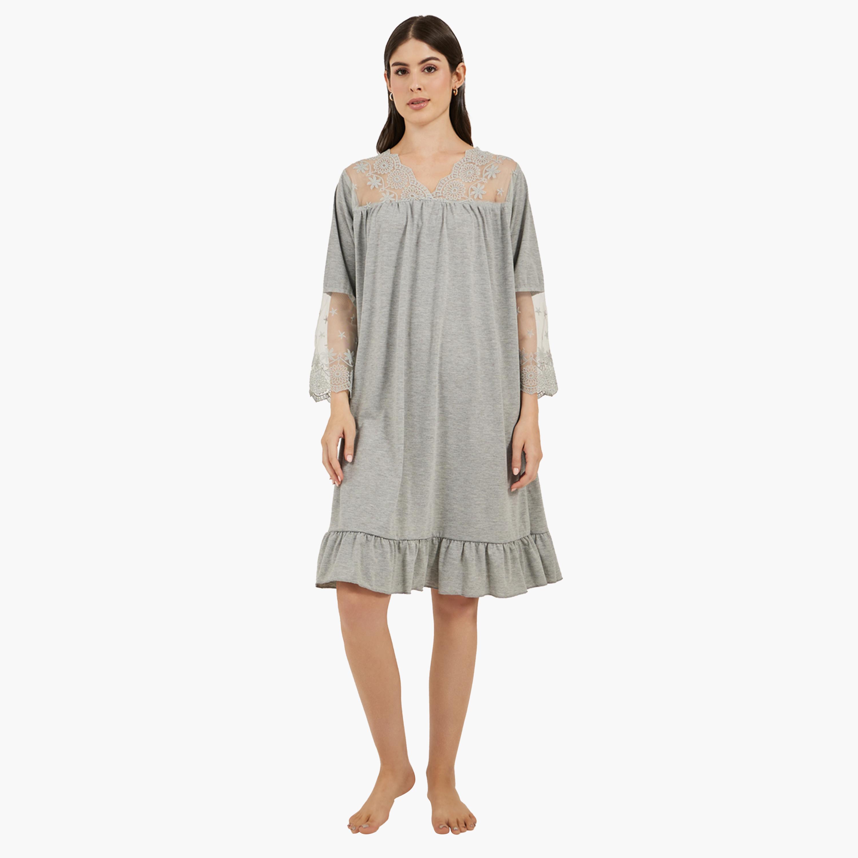 Styli Solid Ruffled Hem Nightdress with Lace Insert-women-clothing-nightwear-nighties-image-1