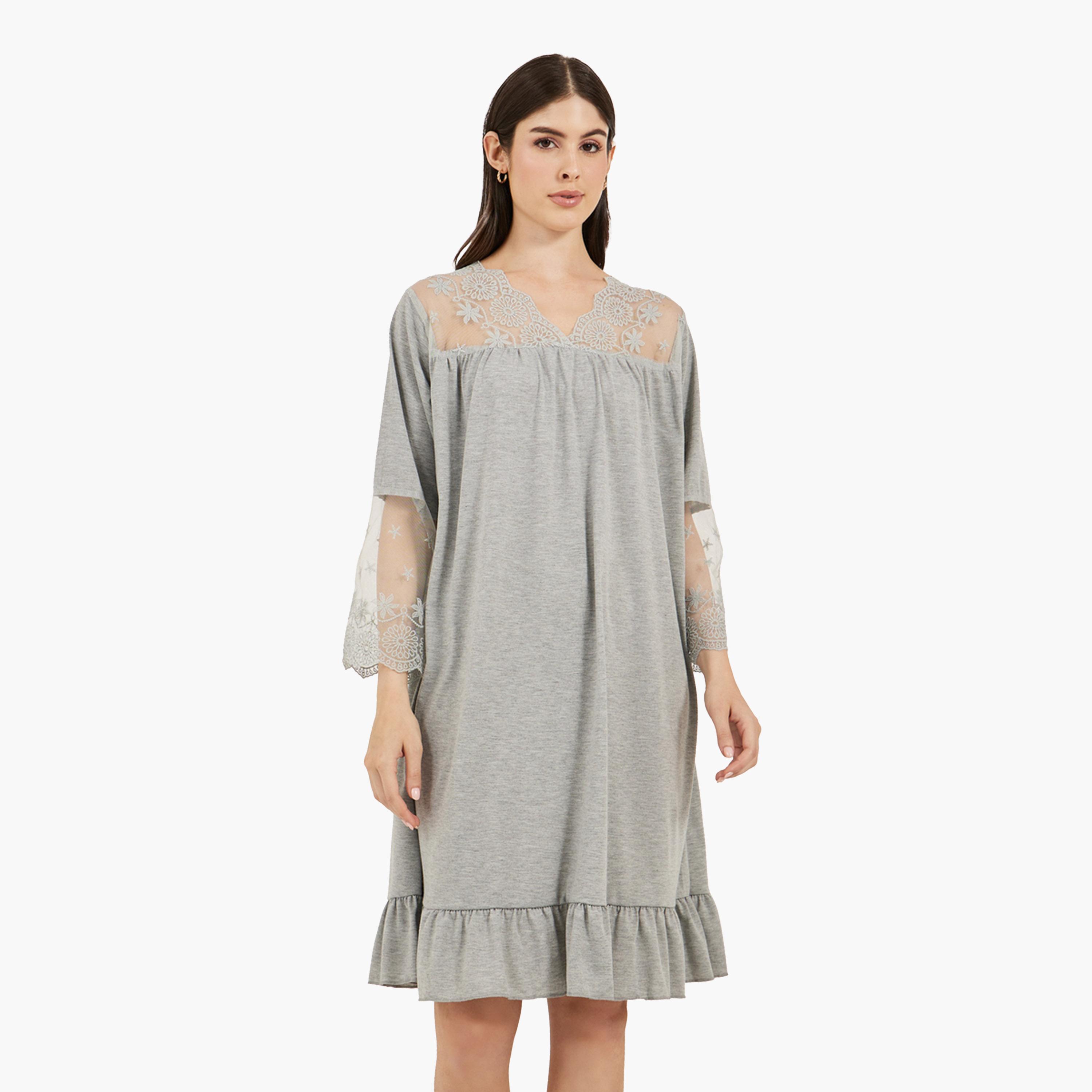 Styli Solid Ruffled Hem Nightdress with Lace Insert-women-clothing-nightwear-nighties-image-2