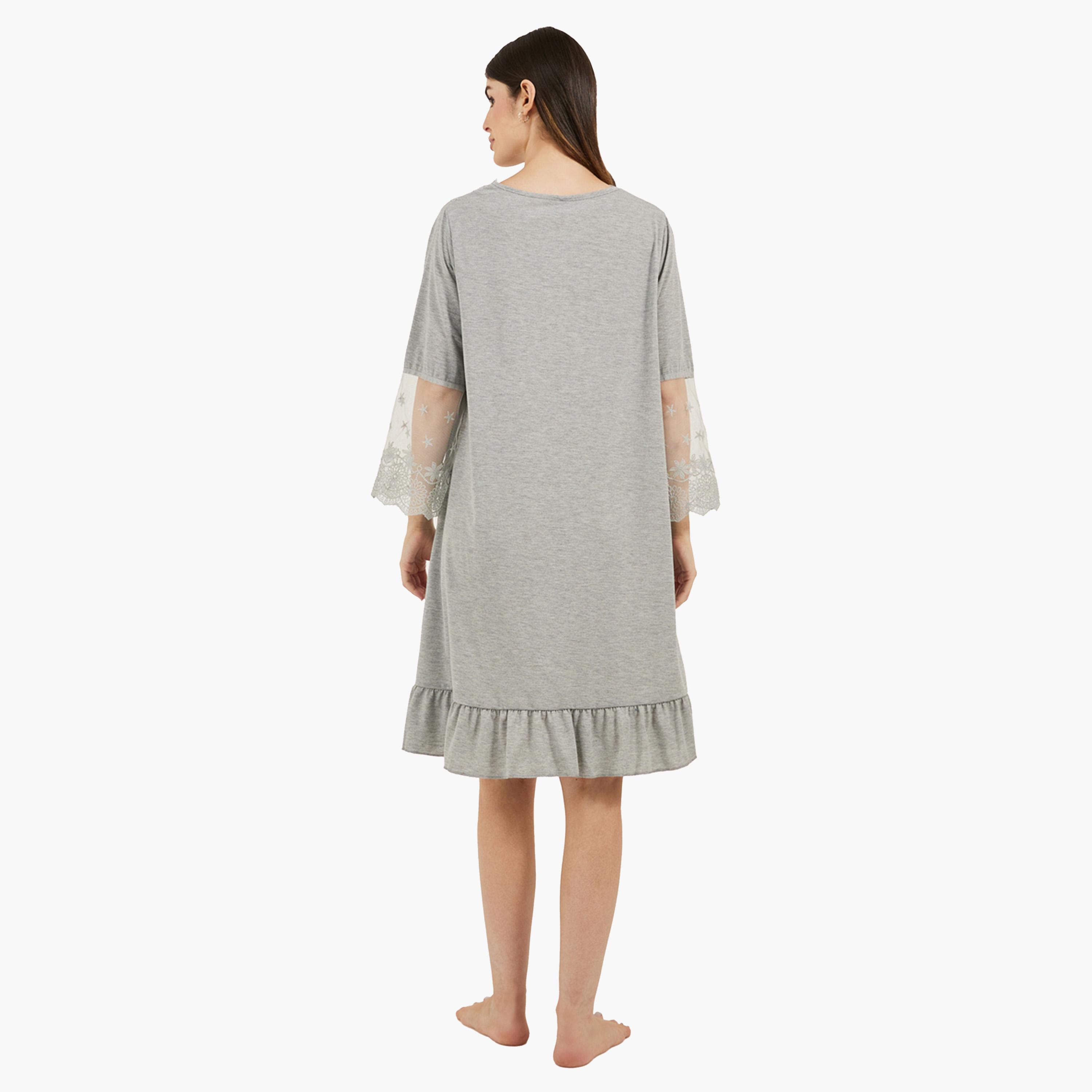 Styli Solid Ruffled Hem Nightdress with Lace Insert-women-clothing-nightwear-nighties-image-4