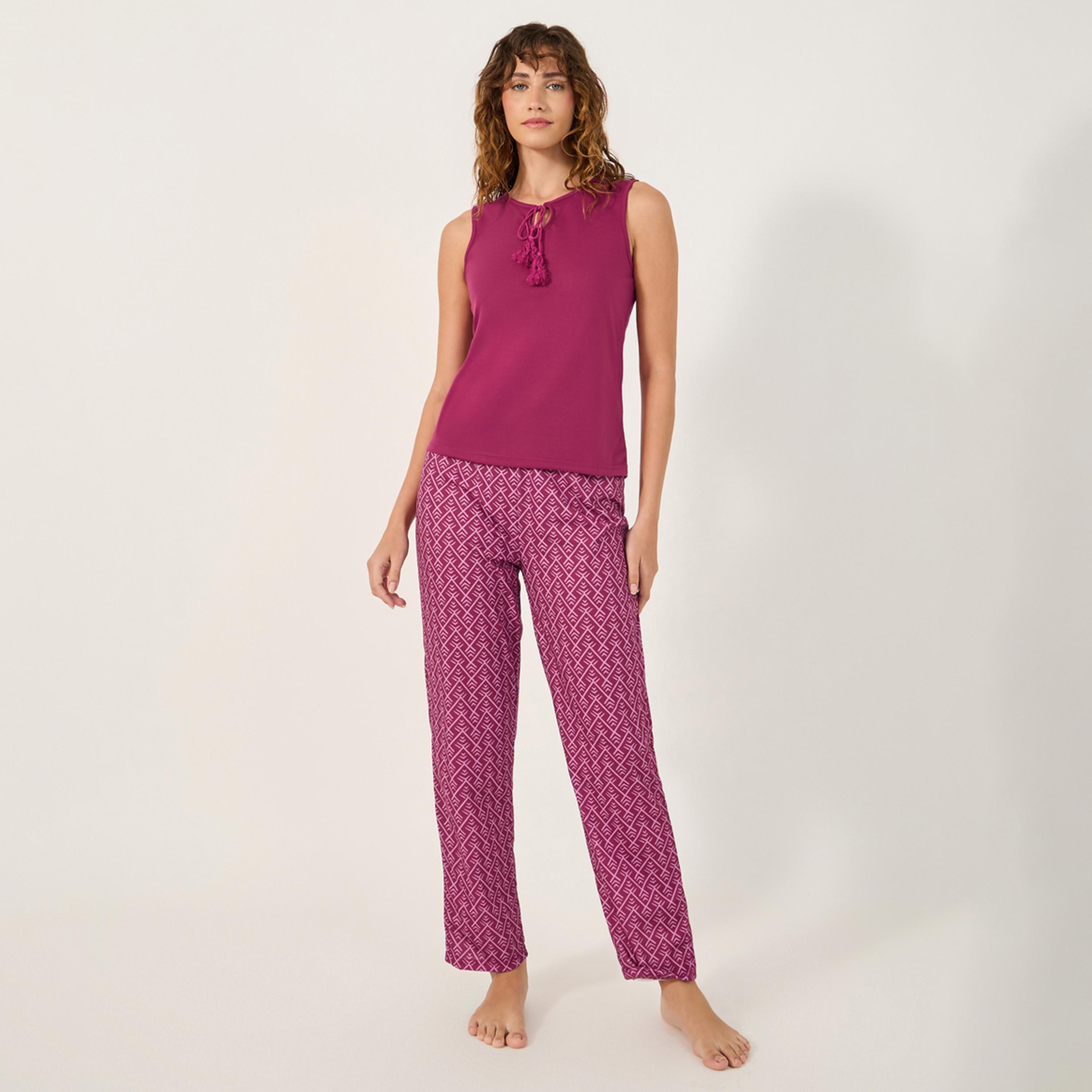 Styli Tasseled Round Neck Cami and Pyjama Set-women-clothing-nightwear-pyjamas-longsets-image-1