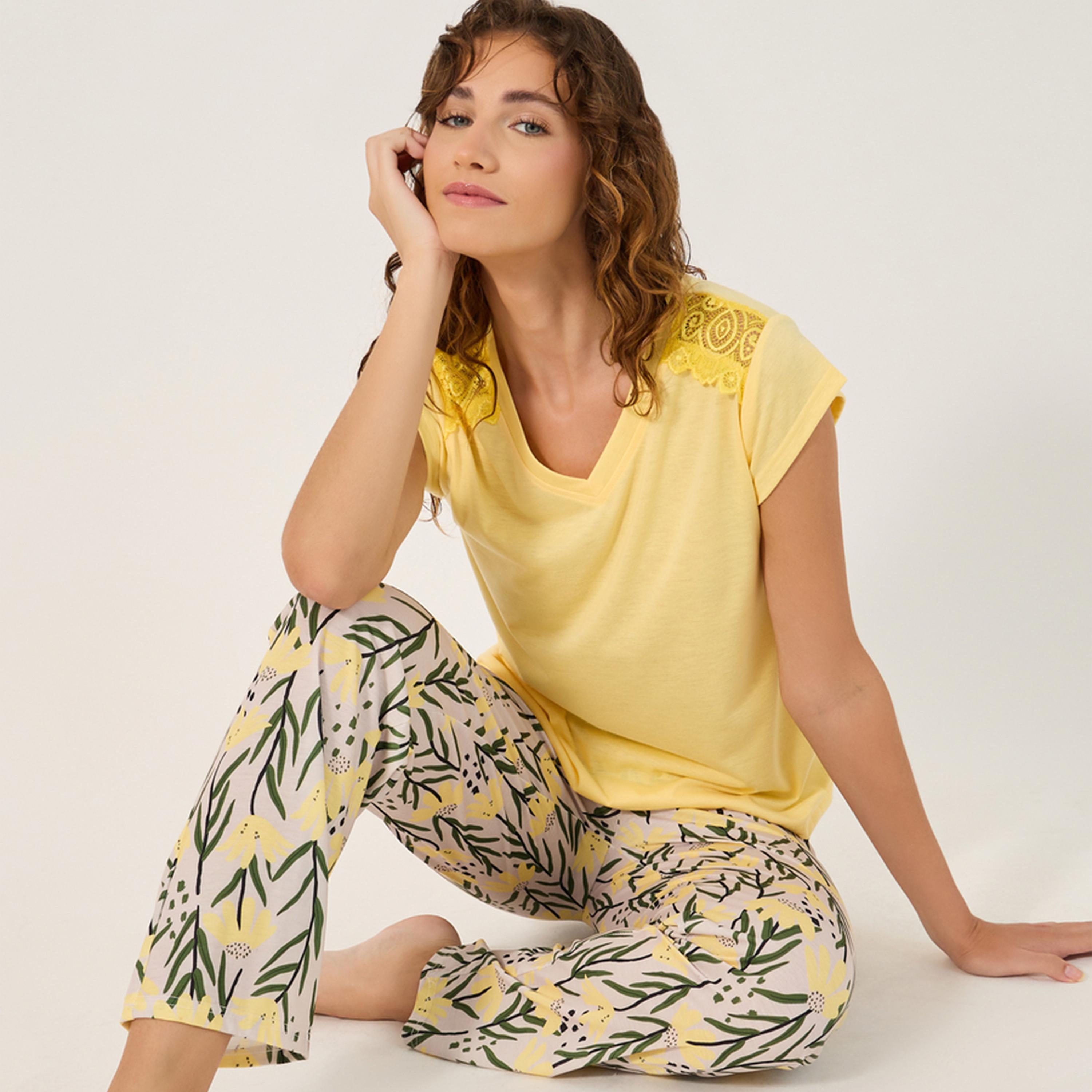 Styli Lace Insert V-Neck T-Shirt and Printed Pyjama Set-women-clothing-nightwear-pyjamas-longsets-image-1
