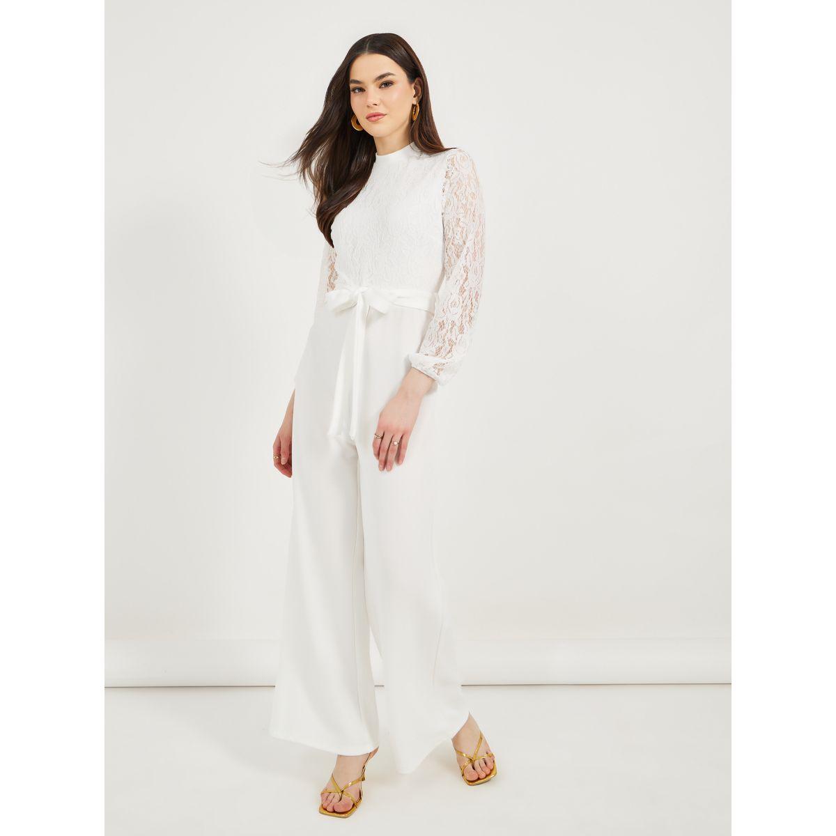 Texture Lace Insert Wide Leg Jumpsuit with Waist Tie Detail-women-clothing-jumpsuits-image-1