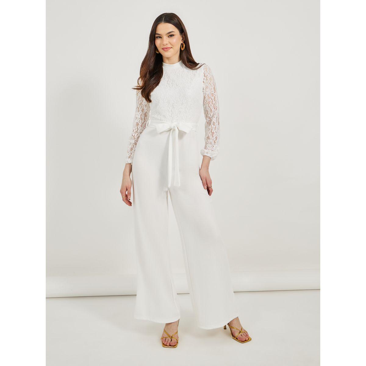 Texture Lace Insert Wide Leg Jumpsuit with Waist Tie Detail-women-clothing-jumpsuits-image-2