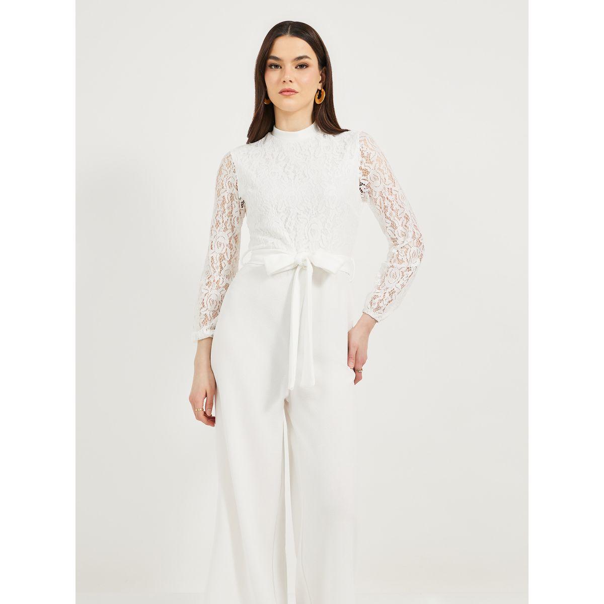 Texture Lace Insert Wide Leg Jumpsuit with Waist Tie Detail-women-clothing-jumpsuits-image-4