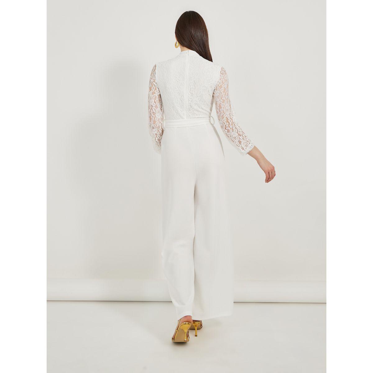 Texture Lace Insert Wide Leg Jumpsuit with Waist Tie Detail-women-clothing-jumpsuits-image-6