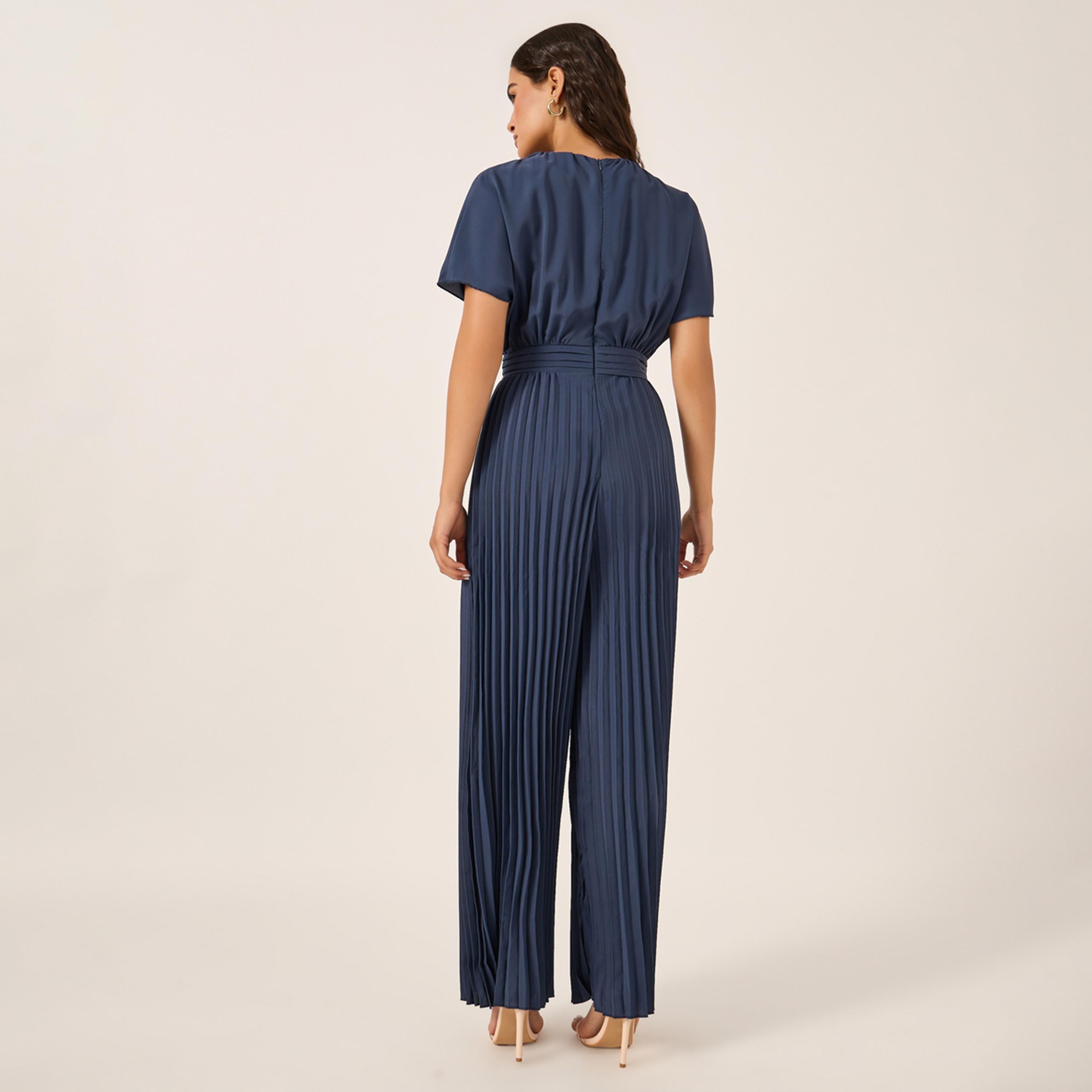 ستايلي - جمبسوت واسع الساق بياقة دائرية وكسرات-women-clothing-jumpsuits-image-4