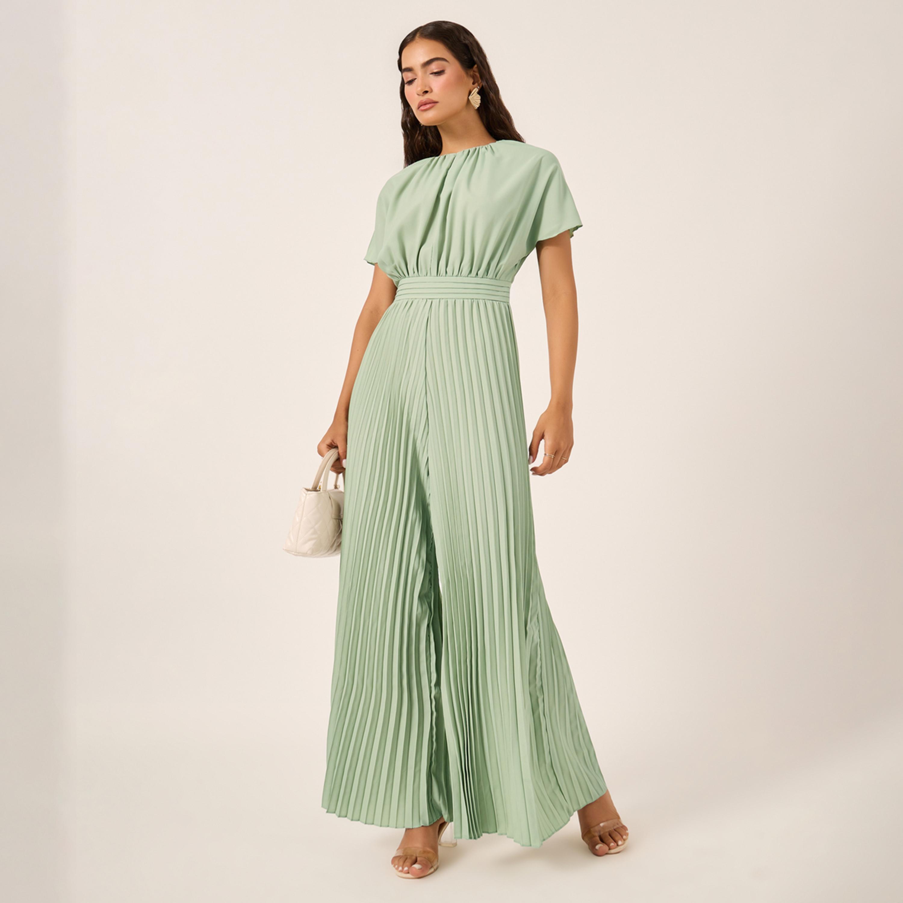 Styli Pleated Wide Leg Round Neck Jumpsuit-women-clothing-jumpsuits-image-1