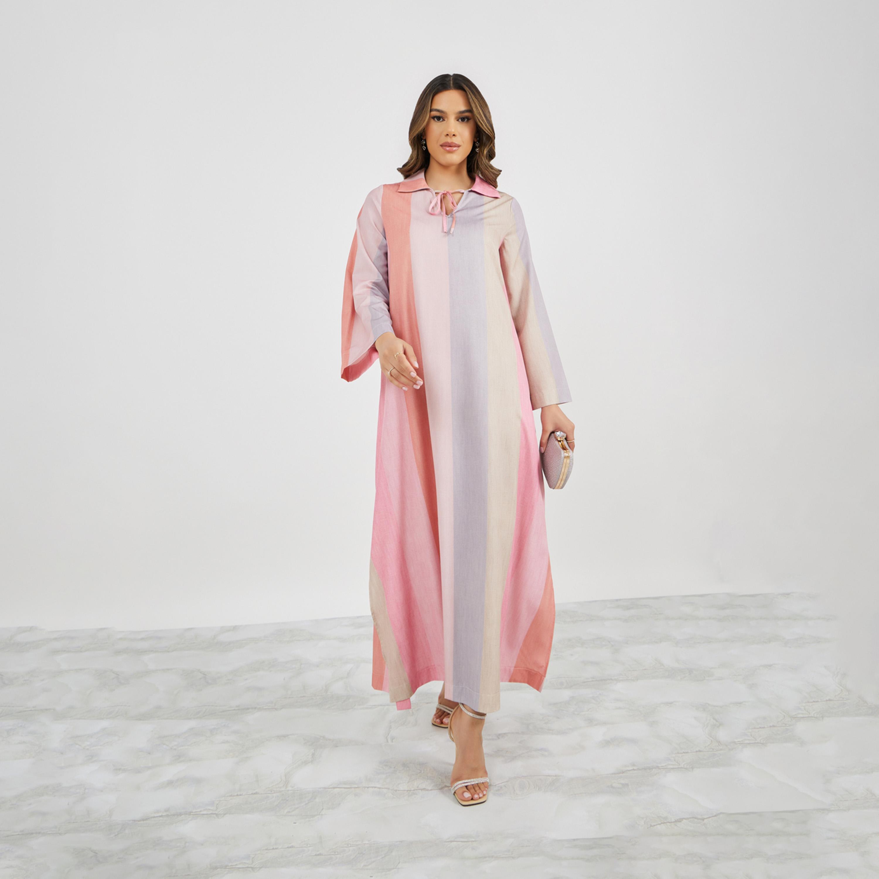Styli Striped Print Collared Flared Hem Jalabiya-women-arabicclothing-jalabiyas-image-2