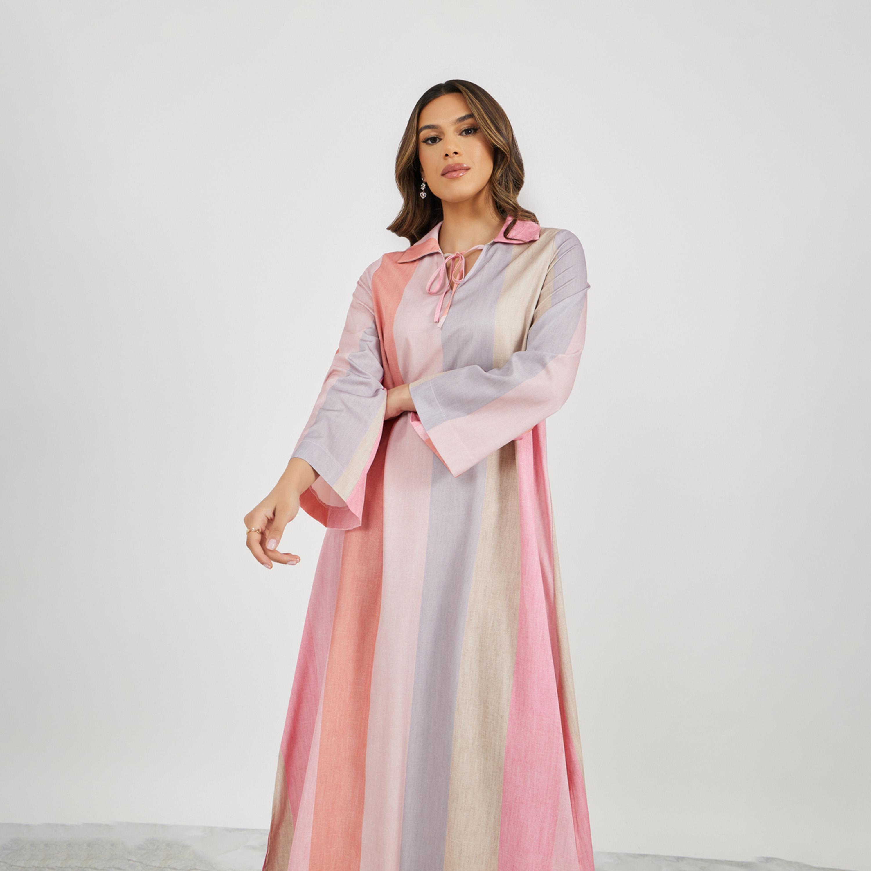 Styli Striped Print Collared Flared Hem Jalabiya-women-arabicclothing-jalabiyas-image-3