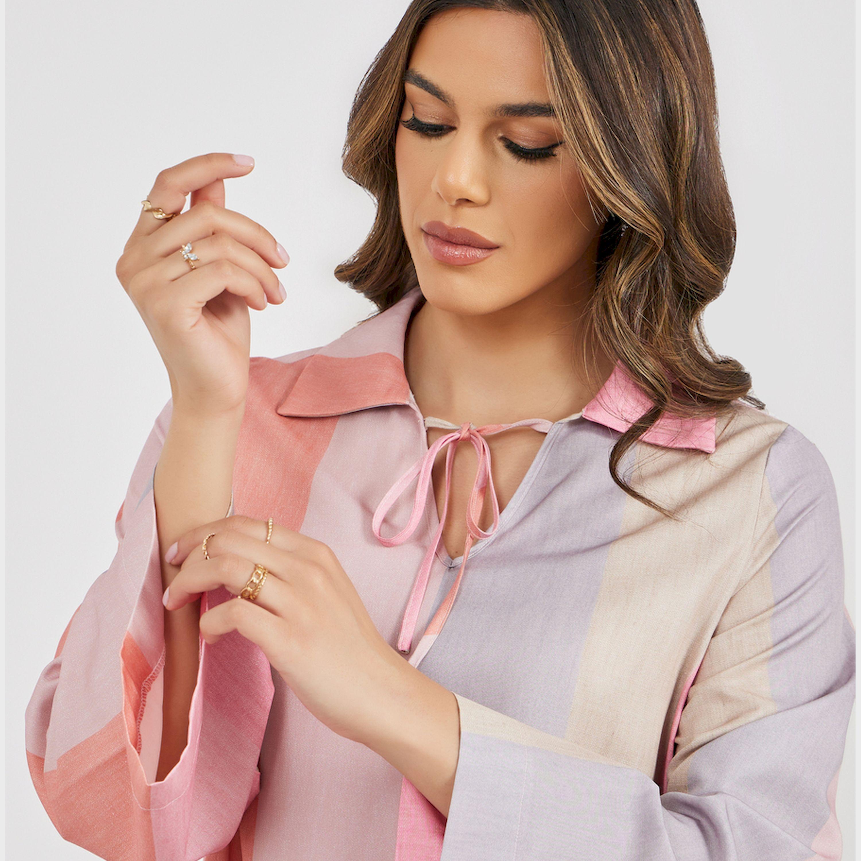 Styli Striped Print Collared Flared Hem Jalabiya-women-arabicclothing-jalabiyas-image-4