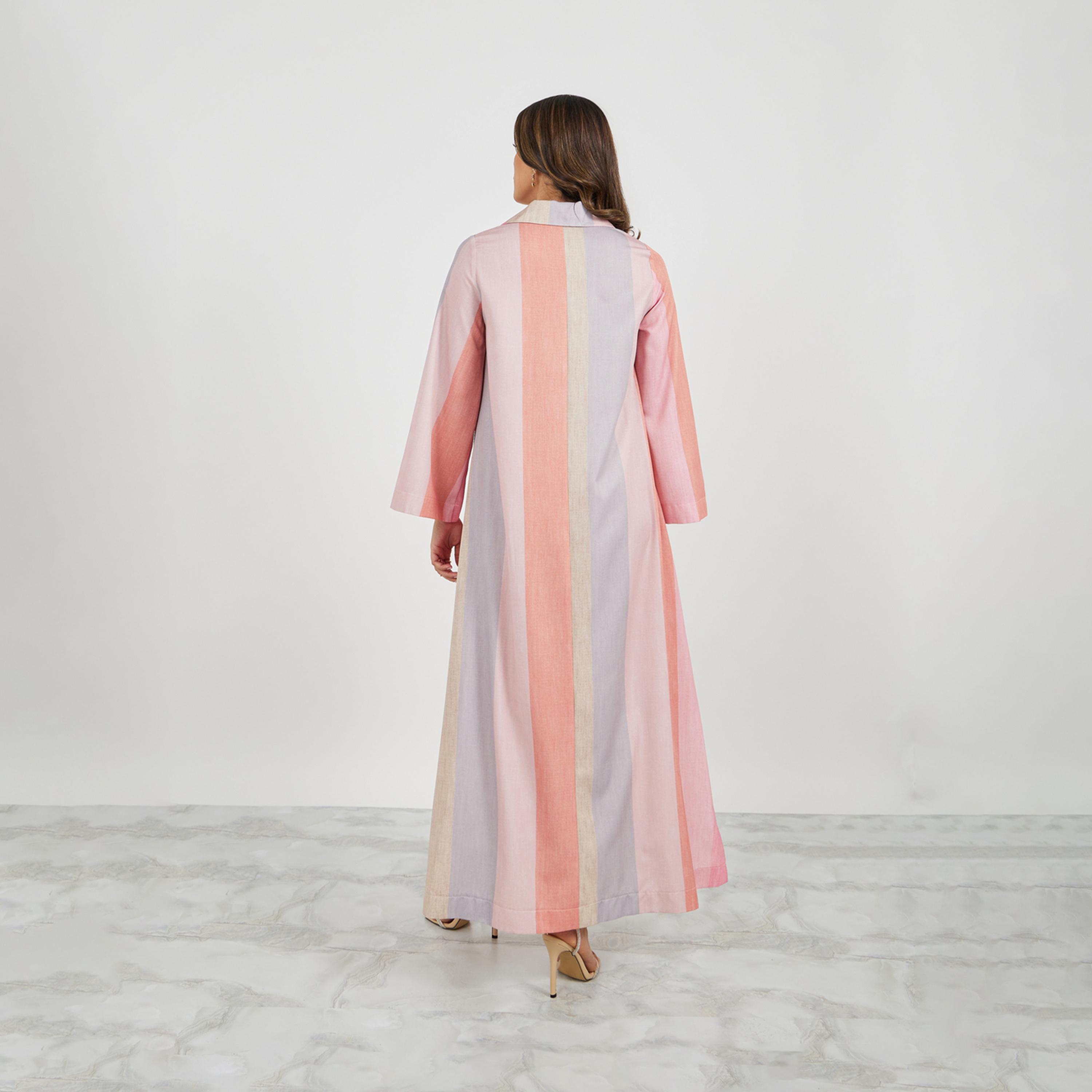 Styli Striped Print Collared Flared Hem Jalabiya-women-arabicclothing-jalabiyas-image-6