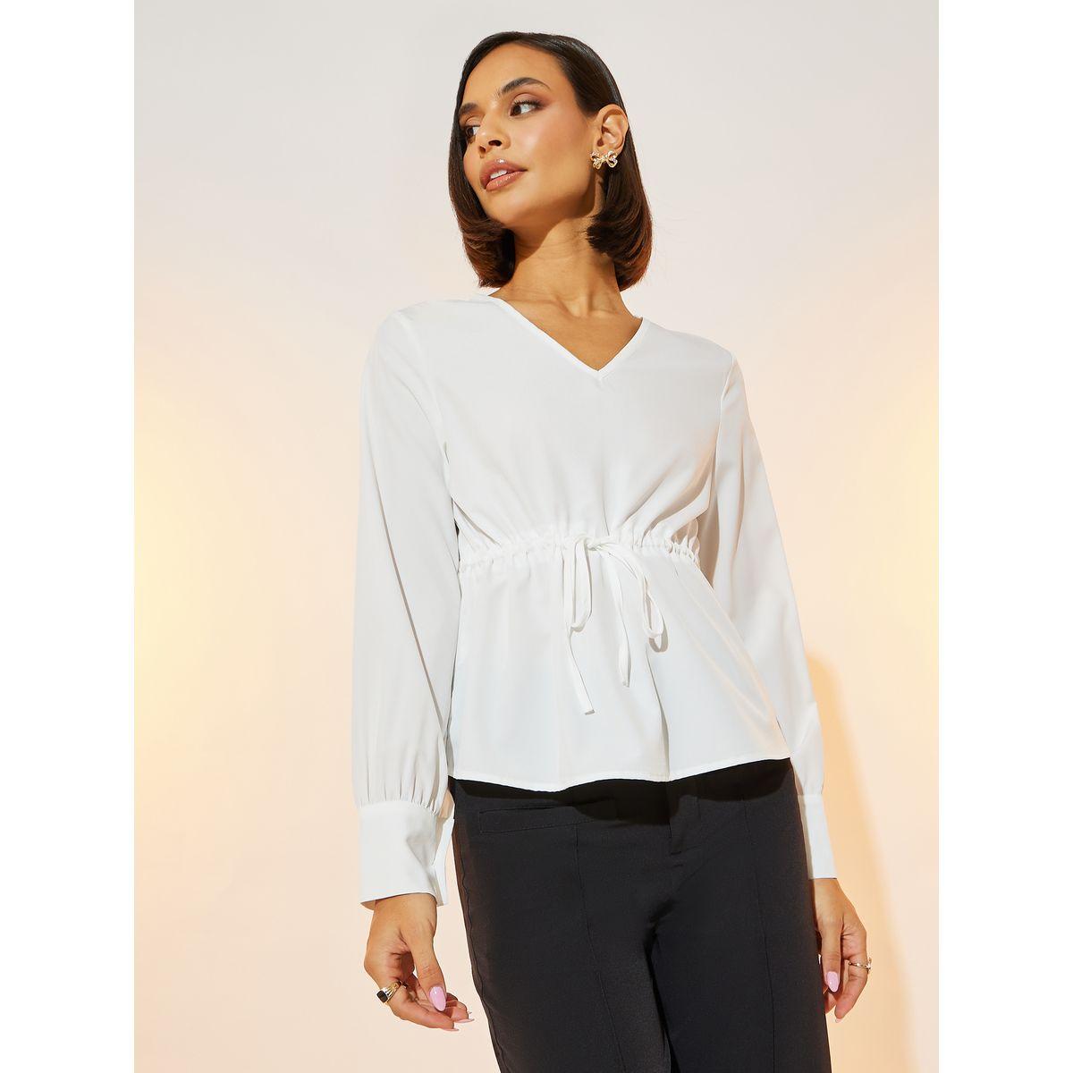 Take Two Solid V Neck Drawstring Waist Blouse-women-clothing-shirtsandblouses-blouses-image-1